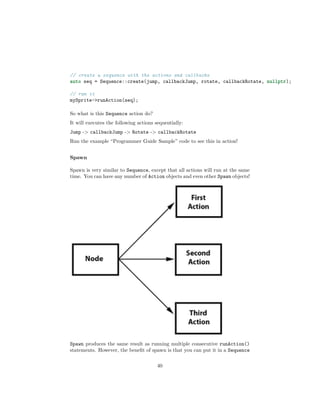 // create a sequence with the actions and callbacks
auto seq = Sequence::create(jump, callbackJump, rotate, callbackRotate, nullptr);
// run it
mySprite->runAction(seq);
So what is this Sequence action do?
It will executes the following actions sequentially:
Jump -> callbackJump -> Rotate -> callbackRotate
Run the example “Programmer Guide Sample” code to see this in action!
Spawn
Spawn is very similar to Sequence, except that all actions will run at the same
time. You can have any number of Action objects and even other Spawn objects!
Spawn produces the same result as running multiple consecutive runAction()
statements. However, the benefit of spawn is that you can put it in a Sequence
40
 