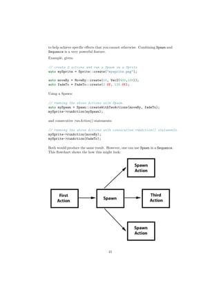 to help achieve specific effects that you cannot otherwise. Combining Spawn and
Sequence is a very powerful feature.
Example, given:
// create 2 actions and run a Spawn on a Sprite
auto mySprite = Sprite::create("mysprite.png");
auto moveBy = MoveBy::create(10, Vec2(400,100));
auto fadeTo = FadeTo::create(2.0f, 120.0f);
Using a Spawn:
// running the above Actions with Spawn.
auto mySpawn = Spawn::createWithTwoActions(moveBy, fadeTo);
mySprite->runAction(mySpawn);
and consecutive runAction() statements:
// running the above Actions with consecutive runAction() statements.
mySprite->runAction(moveBy);
mySprite->runAction(fadeTo);
Both would produce the same result. However, one can use Spawn in a Sequence.
This flowchart shows the how this might look:
41
 