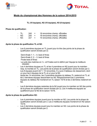 FLBB-CT 11
Mode du championnat des Hommes de la saison 2014-2015
TL (10 équipes), N2 (10 équipes), N3 (8 équipes)
Phase de qualification:
- TL: 2x9 = 18 rencontres champ. officielles
- N2: 2x9 = 18 rencontres champ. officielles
- N3: 2x7 = 14 rencontres champ. officielles
Après la phase de qualification TL et N2:
- Les 6 premières équipes en TL jouent pour le titre (les points de la phase de
qualification seront divisés par 2)
Demi-finale 1: 1. - 4. best of three
Demi-finale 2: 2. - 3. best of three
Finale best of three
La suite des matches en ½ - et Finales sont à définir par l’équipe la meilleure
classée)
- Les 4 dernières équipes en TL et les 4 premières en N2 jouent pour le maintien
resp. la montée en TL. Les points de la phase de qualification seront divisés par 2.
Les 8 équipes jouent 2x7 = 14 rencontres. Il y aura 2 tableaux de classement, dont
un pour les 4 équipes de la TL et un pour la N2.
Après les 14 rencontres, les 2 premières équipes du tableau TL resteront en TL et
les 2 dernières équipes descendent en N2. Respectivement les 2 premières
équipes du tableau N2 monteront en TL saison 15/16 et les 2 dernières resteront en
N2.
- Les 6 dernières équipes restantes de la N2 jouent pour le maintien en N2 (les points
de la phase de qualification seront divisés par 2). Les 4 meilleures équipes se
qualifieront pour la N2 de la saison 15/16.
Après la phase de qualification N3:
- Les 4 premières équipes jouent pour la montée en N2. Les points de la phase de
qualification seront divisés par 2. Les 2 meilleures équipes monteront en N2 saison
15/16.
- Les 4 dernières équipes jouent pour le maintien en N3. Les points de la phase de
qualification seront divisés par 2.
 
