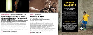 Soirées
Brasil 2014
L’autre façon de
regarder la coupe
du monde
Photo : L’Aventure

Photo : Fréderick Guerri

THÉÂTRE-CONTE • TOUT PUBLIC À PARTIR DE 8 ANS

CIRQUE • TOUT PUBLIC

Il ne faut pas vendre la peau
du croco avant de l’avoir conté
Théâtre de l’Aventure

Conception Jean-Maurice Boudeulle • Avec Djamel Hadjamar
En partenariat avec le Théâtre Massenet à Fives dans le cadre du festival
« Massenet Pas pour les Grands »

Dirigé avec inspiration et complicité par Jean-Maurice
Boudeulle, Djamel Hadjamar fait montre d’un immense
talent d’acteur pour donner vie à tous les personnages
– animaux, hommes, femmes, jeunes, vieillards… – de ces
contes africains pleins d’humour et d’humanité. Écouter
ces histoires en famille est un pur et simple moment de
bonheur !

• MERCREDI 23 AVRIL À 14H30 ET 19H

Piste & Love

Cie Le Cirque Inachevé

De et avec Antoine Clée et Thomas Dequidt
Ce spectacle a reçu le prix du public au festival international du spectacle
jeune public du Grand-Bornand 2010

Ces deux jongleurs sont complices depuis leur formation
au Centre Régional des Arts du Cirque de Lomme.
Dans un spectacle virtuose et plein d’humour, leurs
personnages « laurel et hardyesques » jouent des
classiques du muet et du burlesque, dansent et
entremêlent savamment balles et massues.
En première partie de soirée, un quatuor de circassiens,
élèves en 2ème année au Centre Régional des Arts du
Cirque de Lomme, présente un numéro d’acrobatie.

• VENDREDI 23 MAI À 20H

Supporters du sport, des arts
et de la bonne humeur, ces
4 soirées exceptionnelles de foot
et de fête sont pour vous !
Outre la retransmission des
matchs en direct sur écran géant,
de nombreuses surprises vous
attendent : invités, foot-concert,
matchs d’anthologie…

25 JUIN, 8, 9 & 13 JUILLET
Bar et restauration de circonstance
possible sur place
Informations complètes sur demande
Tarifs : 1 soirée : 8€ / 2 soirées : 10€
3 soirées 15€ / 4 soirées 20€
Entrée libre pour les enfants
de moins de 12 ans

Photo : Manu

 