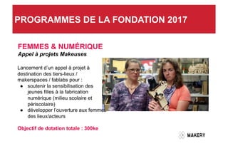 Lancement d’un appel à projet à
destination des tiers-lieux /
makerspaces / fablabs pour :
●  soutenir la sensibilisation des
jeunes filles à la fabrication
numérique (milieu scolaire et
périscolaire)
●  développer l’ouverture aux femmes
des lieux/acteurs
Objectif de dotation totale : 300ke
FEMMES & NUMÉRIQUE
Appel à projets Makeuses
PROGRAMMES DE LA FONDATION 2017
 