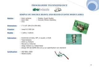 PROGRAMME TECHNOFRANCE 
10 
SIMPLE OU DOUBLE BLOCK AND BLEED (VANNE MODULAIRE) 
Matière : - Acier carbone - Duplex, Super Duplex 
- Acier Allié - Inconel, Monel, Hastelloy 
- Inox 
Dimensions : - 1" à 16" (DN 25 à DN 400) 
Pression : - Jusqu’à 2.500 Lbs 
Modèle : - 1 pièce, 3 pièces 
Fabrication : - Extrémité à brides, NPT, à souder, à HUB 
- Type boisseau 
- Arbré ou Flottant 
- Manuel ou motorisé 
- Siège résilient ou métal/métal 
- Design API 6D ASME B16.10 ou sur spécification non standard 
Certification : - ISO 9001:2000 
- PED97/23/EC 
 