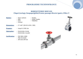 PROGRAMME TECHNOFRANCE 
12 
ROBINETTERIE MOULEE 
Clapet (swing), Soupape(globe)Vanne passage directe (gate), Filtre Y 
Matière : - Acier carbone - Duplex 
- Allié - Super Duplex 
- Inox - Hastelloy 
- Inconel 
Dimensions : - 2" à 60" (DN 50 à DN 1 500) 
Pression : - Jusqu’à 2.500 Lbs 
Fabrication : - Extrémités à bride 
- Extrémités à souder 
Certification : - ISO 9001:2000 
- PED 97/23/EC 
- API 6A & API 6D 
 