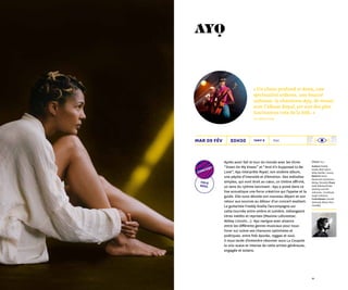 3938
20h30
Chant Ayọ
Guitare Freddy
Koella (Bob Dylan,
Willy DeVille, Lhasa)
Batterie Denis
Benarrosh (Aznavour,
Biolay, Paradis) Piano
Gaël Rakotondrabe
(Antony and the
Johnsons, CocoRosie,
Hugh Coltman)
Contrebasse Laurent
Vernerey (Keren Ann,
Camille)
1h30Tarif Bmar 09 fév
Après avoir fait le tour du monde avec les titres
“ Down On My Knees ” et “ And It’s Supposed to Be
Love ”, Ayọ interprète Royal, son sixième album,
une pépite d’intensité et d’émotion. Des mélodies
simples, qui vont droit au cœur, un timbre affirmé,
un sens du rythme lancinant : Ayọ a puisé dans ce
live acoustique une force créatrice qui l’apaise et la
guide. Elle nous dévoile son nouveau départ et son
retour aux sources au détour d’un concert exaltant.
Le guitariste Freddy Koella l’accompagne sur
cette tournée entre ombre et lumière, mélangeant
titres inédits et reprises (Maxime Leforestier,
Abbey Lincoln…). Ayọ navigue avec aisance
entre les différents genres musicaux pour nous
livrer sur scène ses chansons optimistes et
poétiques, entre folk épurée, reggae et soul.
Il nous tarde d’entendre résonner sous La Coupole
la voix suave et intense de cette artiste généreuse,
engagée et solaire.
folk
soul
concert
ayo.
.
« Un chant profond et doux, une
spiritualité ardente, une beauté
radieuse : la chanteuse Ayo, de retour
avec l’album Royal, est une des plus
fascinantes voix de la folk. »
La-croix.com
 