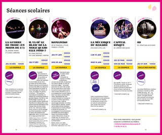 68
Curiosité,
étonnements et
questionnements
se succèdent au
sein de ce trio.
Alia et Léo marchent
et sont arrêtés net par Arno,
qui refuse de les laisser passer.
Situation absurde qui les amène à
se lancer des défis et se découvrir.
Entre chamailleries et amitié, ils
vont s’interroger sur l’univers, le
corps, le langage, les plantes,
le bonheur… Les questions
s’enchaînent et ensemble, ils
essaient de comprendre petites et
grandes énigmes. Perchés sur des
échafaudages suspendus, les
trois acolytes sondent habilement
l’équilibre et le déséquilibre, pour
amener les jeunes spectateurs·rices
à penser plus loin que le bout
de leur nez. Cette douce fable
sonne comme un rite de passage
aux échos beckettiens, ouvrant
le champ des possibles avec
ingéniosité. Alors, il va où le blanc
de la neige quand elle fond ?
Création Oiseau à Ressort, Chat Borgne
Théâtre Comédiens Danaé Dario,
Maxime Gorbatchevsky, Simon Labarrière
Scénographie et costumes Fanny
Courvoisier Son Jean-Damien Ratel
Lumières Vicky Althaus Mise en scène
Jean-Yves Ruf Assistanat Maria da Silva
d
ès 9 ans durée 1h20
Séances scolaires
LA GUERRE
DE TROIE (EN
MOINS DE 2 !)
de jérôme imard
et eudes labrusse
Sept comédiens et un pianiste
nous entraînent dans un récit
survolté à l’humour décalé,
teinté de poésie épique.
→ Descriptif complet p.23
jeu 03 déc 14h30
la coupole
humour
théâtre
d
ès 3 ans durée 35 min
komaneko
de SZ (Damien Litzler,
Franck Litzler)
Chez grand-papa,
la petite chatte
appelée
Komaneko ne
manque ni d’idées
ni d’amis pour
occuper ses journées. En japonais,
son prénom signifie “ le chat qui
prend des images ” : Komaneko
porte bien son nom ! Elle va réali-
ser son propre film et nous invite
à la suivre à travers quatre petits
récits remplis d’émotions, sur un
accompagnement musical original
de SZ. Sur scène, les deux frères
Litzler, spécialistes des ciné-
concerts illustrent en musique et
en direct le cinéma d’animation
de Tsuneo Goda, truffé de
personnages adorables. Au milieu
de percussions, guitares, claviers,
voix et objets sonores multiples,
ils dynamisent le monde poétique
et décalé de Komaneko. Ils
accompagnent harmonieusement
les facéties des personnages à
travers une musique actuelle,
colorée d’electronica, de jazz et
d’indie-pop ! En douceur et en
rythme, petits et grands vont rire
et s’émerveiller !
Batterie, claviers, voix, objets
divers Damien Litzler Guitare, loop,
électronique, objets divers Franck Litzler
ven 08 jan
09h30
jeu 07 jan
09h30
14h00
14h00
la coupole
road
movie
conte
dès 9 ans durée 1h
la mécanique
du hasard
d'Olivier letellier
Cette rocambolesque histoire
de transmission nous embarque
en plein désert où Stanley,
un adolescent envoyé à tort
en camp de redressement,
doit creuser des trous au
fond d’un lac asséché.
→ Descriptif complet p.29
théâtre
mar 19 jan
09h30
lun 18 jan
09h30
14h00
14h00
la coupole
dès 6 ans durée 1h
il va où le
blanc de la
neige quand
elle fond ?
de jean-yves ruf
cie chat borgne théâtre
jeu 17 déc
09h30
14h00
la coupole
d
ès 14 ans durée 1h45
d
ès 8 ans durée 30 min
capital
risque
de jérôme wacquiez
3D
de jonathan guichard
ven 26 MAR 14h00
Que signifie “ réussir sa vie ” ?
À la sortie du lycée, un groupe
de jeunes provinciaux est
amené à prendre les décisions
d’une vie dans la période de
l’existence où tout est incertain.
→ Descriptif complet p.49
L’acrobate fildefériste Jonathan
Guichard a inventé un drôle
d’objet de 33 kg, “ 3D ” : un
arc en bois tendu par un fil
d’acier. Cet agrès devient
alors presque une extension
de son corps et va lui offrir
de nouvelles libertés.
→ Descriptif complet p.53
la coupole
théâtre
musique
cirque
14h00jeu 25 MAR
jeu 01 AVR 14h30
salle des portes
théâtre ciné-
concert
Pour toute réservation, vous pouvez
contacter la billetterie du théâtre :
→ billetterie@theatrelacoupole.fr
→ 03 89 70 03 13
69
 