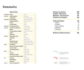Sommaire
Séances scolaires	 68
Crédits | Mentions	 70
Mécènes | Partenaires	 72
Cinéma La Coupole	 74
Infos pratiques	 75
	 → équipe	76
	 → Contacts	77
	 → Venir au théâtre	 78
	 → Billetterie	80
	 → Calendrier	84
Bulletin d’abonnement	 85
Spectacle visuel et sonore.
Il n’est pas nécessaire de comprendre
le français pour y assister !
Une sélection de spectacles
que vous pouvez voir en famille.
Nos spectacles ont parfois lieu
hors les murs, soyez attentif·ve
au pictogramme !
septembre ROUGE théâtre 9
octobre SOIRÉE MAGIQUE magie nouvelle 11
¡ FANDANGO ! danse, musique, flamenco 13
novembre DJAZIA SATOUR concert, musiques du monde 15
roman frayssinet humour, one-man show 17
France théâtre 19
AN IRISH STORY théâtre 21
décembre LA GUERRE DE TROIE… théâtre, humour 23
janvier CONCERT DU NOUVEL AN concert, orchestre 25
SOMOS cirque, acrobatie 27
la MÉCANIQUE DU HASARD théâtre, road movie, conte 29
BRIBES théâtre 31
FRACTALES cirque, danse 33
février Swiss Dance Days danse 35
RAMKOERS théâtre musical 37
AYỌ concert, folk, soul 39
MARINA ROLLMAN humour, one-woman show 41
SI LOIN SI PROCHE théâtre, musique, récit-concert 43
mars ANA MOURA concert, musiques du monde 45
QUE FAUT-IL DIRE AUX HOMMES ? théâtre 47
CAPITAL RISQUE théâtre 49
LE BONHEUR DES UNS théâtre, comédie 51
avril 3d cirque, musique 53
[PLAIRE] théâtre, humour 55
MACHINE DE CIRQUE cirque, acrobatie, musique 57
LES FILLES AUX MAINS JAUNES théâtre 59
mai CAR/MEN danse, humour 61
Rêve Général concert, théâtre 63
Soka Tira cirque, musique 65
juillet L’AVIS DE MARGUERITE théâtre 67
	
hors les m
urs
Spectacles	
en famill
e
 
