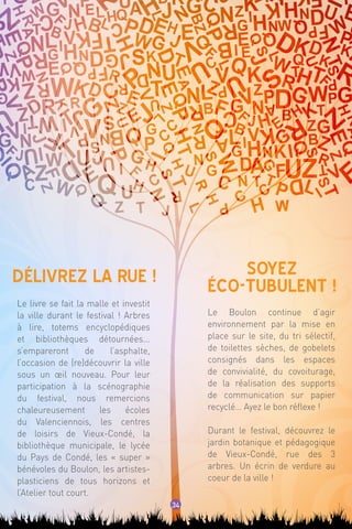 34
Délivrez la rue ! Soyez
éco-tubulent !
Le livre se fait la malle et investit
la ville durant le festival ! Arbres
à lire, totems encyclopédiques
et bibliothèques détournées...
s’empareront de l’asphalte,
l’occasion de (re)découvrir la ville
sous un œil nouveau. Pour leur
participation à la scénographie
du festival, nous remercions
chaleureusement les écoles
du Valenciennois, les centres
de loisirs de Vieux-Condé, la
bibliothèque municipale, le lycée
du Pays de Condé, les « super »
bénévoles du Boulon, les artistes-
plasticiens de tous horizons et
l’Atelier tout court.
Le Boulon continue d’agir
environnement par la mise en
place sur le site, du tri sélectif,
de toilettes sèches, de gobelets
consignés dans les espaces
de convivialité, du covoiturage,
de la réalisation des supports
de communication sur papier
recyclé… Ayez le bon réflexe !
Durant le festival, découvrez le
jardin botanique et pédagogique
de Vieux-Condé, rue des 3
arbres. Un écrin de verdure au
coeur de la ville !
 