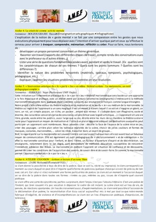 Atelier 4: La créativité comme activité mentale 
Animateur : BOUZOUGHARH Hassan (Enseignant en arts graphiques • Infographiste) 
L’explication de la notion de « geste mental » se fait par une comparaison entre les gestes que nous 
exécutions physiquement pour nous déplacer avec l’intention d’arriver quelque part et ceux qu’effectue le 
cerveau pour arriver à évoquer, comprendre, mémoriser, réfléchir ou créer. Pour ce faire, nous tenterons 
de : 
- développer un propos personnel concernant un thème générique. 
- Raconter son travail (rapports des différentes étapes de travail, compte rendu des conversations eues 
avec le professeur ou d’autres élèves…) 
- Lister une série de questions fondamentales posées avant, pendant et après le travail. (Ex : quelles sont 
les caractéristiques de chacun de ses thèmes ? Quels sont les points communs ? Quelles sont les 
différences ?) 
‐ Identifier la nature des problèmes rencontrés (matériels, spatiaux, temporels, psychologiques, 
pédagogique, etc.) 
- Expliquer, raconter les situations problèmes rencontrées et leur résolution. 
Atelier 5: « Intervention artistique du « Je » par le « Jeu » en milieu théâtral scolaire : La marionnette, un outil 
pédagogique complet » 
Animatrice : ZERROUKI Najat (Professeure UMP Oujda) 
Cette initiation sur l’Intervention artistique du « Je » par le « Jeu » théâtral marionnétique sera basée sur une approche 
à la fois théorique et pratique, avec un atelier mené par acteurs -volontaires (enseignants) s’intéressant à la méthode 
marionnettiste adoptée dans quelques établissements scolaires qui enseignent le français comme langue étrangère. 
Notre projet s’articulera autour du théâtre scolaire et sa motivation et le Jeu du « Je » au médium de la marionnette. Le 
théâtre au regard de l’apprenant a un sens magique. Il est un moyen à travers lequel il se voit et s’imagine un géant, un 
nain, un roi, un simple paysan, un riche, un pauvre …entant que mineur. Il s’adopte dans son imaginaire, vaste et 
énorme, des caractères sensoriels (prise de conscience, se sensibiliser avec le goût artistique, …). L’apprenant vit une vie 
libre, grande, vaste entre les publics, aussi large que sa vie, étroite entre les murs de sa chambre. Le théâtre scolaire 
reste pour l’apprenant un moyen de motivation et l’initie à un plaisir sensoriel adéquat. Les motivations auxquelles peut 
participer un apprenant sont nombreuses. Nous pouvons citer : décorer la face de l’espace de la scène mise en jeu, 
créer des paysages : arrière plan selon les tableaux exploités de la scène, choisir de jolies couleurs et formes de 
masques, costumes, marionnettes, … selon les rôles, travailler dans un esprit de groupe…. 
Bref, le regard porté sur la marionnette est souvent limité à son seul aspect ludique mais ell e est avant tout un fabuleux 
moyen de communication. Elle est également un outil pédagogique de « décloisonnement » et de «délégation ». En 
effet la marionnette constitue pour l’enfant, et donc l’élève, un facteur d’ouverture d’esprit et de désinhibition. Les 
enseignants, notamment dans le 1er degré, sont demandeurs de méthodes éducatives susceptibles de rencontrer 
l’immédiate adhésion des élèves. La marionnette en mettant l’apprenti en situation de confiance et de découverte, 
permet de créer les conditions de l’acquisition des savoirs, de savoir-être et de savoir-faire. En somme, la marionnette 
permet l’épanouissement du « Je » par le « Jeu ». 
Atelier 6: ATELIER CHANSON : écriture et lecture d’un texte Slam 
Animateurs : ZAIRI Mohamed (Formateur FLE) 
Le slam donne la possibilité à tous de dire de la poésie. Que ce soit lu, récité ou improvisé, le slam correspond à un 
moment au cours duquel on peut dire n’importe quelle forme de poésie ou quelque chose qui a à voir de près ou de loin 
avec cet art. Car celui-ci n’est nullement une forme particulière de poésie. Le slam est un moment à l’occasion duquel 
on va dire de la poésie dans toutes ses formes : rimées ou pas, métrées ou pas, issues de n’importe quel courant 
poétique. 
Le slam offre une sorte de syncrétis me, parfois surprenant, dont l’enjeu n’est pas l’absolu littéraire. C’est une poésie de 
l’instant, qui bien souvent n’a pas vocation à dépasser le cadre de cet instant. La scène slam est un lieu de vie, de 
pensée, de réactions spontanées. Un lieu de croisement aussi, d’expérimentations. Le slam rend possible à l’occasion de 
la déclamation d’un poème, la reconstitution d’un tissu social aujourd’hui mis à mal par tout ce que notre monde 
fabrique d’inégalité, de violence et d’incompréhension. Le slam est un li eu d’expression poétique, d’expression, de 
tolérance. 
