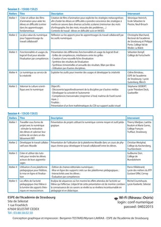 ESPE de l’Académie de Strasbourg
Site de Sélestat
1 rue Froehlich
67604 SELESTAT CEDEX
Tél : 03.88.58.02.50
Wi-Fi (Réseau : Osiris)
login : conf-numerique
passwd : 04022015
Conception graphique et impression : Benjamin TESTARD/Myriam LAKRAA - ESPE de l’Académie de Strasbourg
Session 3 - 15h00-15h25
Ateliers Titre Description Intervenant
Atelier 1 Créer et utiliser des films
d’animation pour aider les
élèves en difficulté à entrer
dans les apprentissages
fondamentaux
Création de films d’animation pour expliciter les stratégies métacognitives
afin d’aider les élèves en difficultés à prendre conscience des stratégies à
mettre en oeuvre dans diverses activités scolaires (mémoriser des mots
d’orthographe, lire des mots, résoudre des problèmes, ...)
Contexte de travail : élèves en diificulté suivi en RASED.
Véronique Heinrich,
Ecole Sébastien le
Prestre, Neuf-Brisach
Atelier 2 La plus-value du numérique
pour l’apprentissage du
travail collaboratif
Réflexion sur les apports pour les apprentissages du travail collaboratif par
les outils numériques
Christophe Marchand,
Rectorat de l’académie
de Strasbourg et Philippe
Porte, Collège Val de
Moder, La Walck
Atelier 3 Fonctionnalités et usages du
logiciel iEval pour aborder
l’évaluation par compétences
Présentation des différentes fonctionnalités et usage du logiciel iEval :
- Grilles de compétences, interliaisons entre les grilles
- Creation d’une nouvelle fiche d’evaluation
- Synthèse des résultats de l’évaluation
- Synthèses trimestrielles et annuelle des résultats. Bilan par élève.
- Utilisation par d’autres disciplines.
Sébastien Kempf,
Collège de Fortschwihr
Atelier 4 Le numérique au service de
la créativité
Exploiter les outils pour inventer des usages et développer la créativité Céline Brindeau,
ESPE de l’académie
de Strasbourg / Lycée
Gutenberg, Illkirch
Atelier 5 Valoriser la culture scienti-
fique avec le numérique
Objectifs :
- Découverte/approfondissement de la discipline par d’autres médias
- Développer la curiosité et l’autonomie
- Compétences transversales (s’exprimer à l’oral, maitrise de l’outil numé-
rique...)
Finalités :
Présentation d’un livre mathématiques du CDI sur support audio-visuel
Stéphanie SEEBERT,
LycéeThéodore Deck,
Guebwiller
Session 4 - 15h30-15h55
Ateliers Titre Description Intervenant
Atelier 1 Travailler sous forme de
projet avec le numérique
: stimuler la motivation
des élèves et valoriser leur
estime de soi dans un éta-
blissement REP
Présentation de projets utilisant le numérique comme moyen et outil péda-
gogique.
Thierry Kiledjian, Laetitia
Boulom et Marie Garrec,
Collège François
Truffaut, Strasbourg
Atelier 2 Développer le travail collabo-
ratif avec Moodle
Présentation de l’utilisation de la plateforme Moodle dans un cours de phy-
sique chimie-pour développer le travail collaboratif entre les élèves.
Christian Westphal,
Collège du Kochersberg,
Truchtersheim
Atelier 3 Créer et utiliser des tuto-
riels pour rendre les élèves
acteurs de leurs apprentis-
sages
Guillaume Dorr,
Collège de
Mundolsheim
Atelier 4 Utilisation d’une plateforme
pédagogique pour l’édition,
la mise en ligne et l’évalua-
tion
- Édition de chaînes éditoriales numériques ;
- Mise en ligne des supports créés sur des plateformes pédagogiques ;
- Interactivités avec les élèves ;
- Évaluation par compétences
Pierre Hildebrand,
Lycée des métiers du BTP
Gustave Eiffel, Cernay
Atelier 5 Les effets de l’activité
pédagogique chez l’élève à
la lumière des apports théo-
riques en neurosciences
Analyse de séquences où l’on montre les effets attendus de l’activité sur
l’élève qui l’effectue. L’objectif de cette présentation est de montrer combien
la connaissance de ces savoirs se révèle ou se révèlera incontournable en
pédagogie et en didactique.
Michel Courtehoute,
Lycée Koeberlé, Sélestat
 