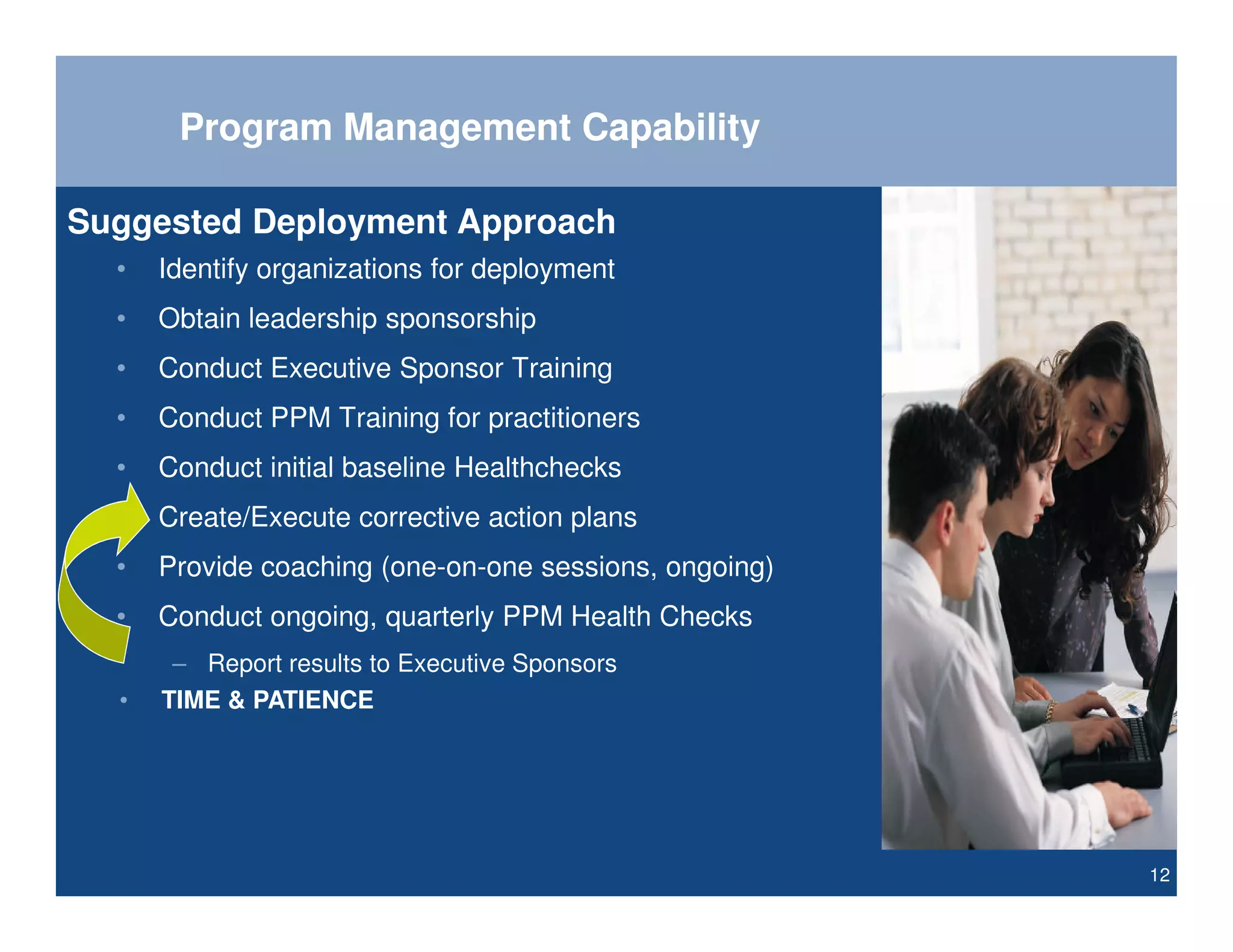 Program Management Capability

Suggested Deployment Approach
  •   Identify organizations for deployment
  •   Obtain leadership sponsorship
  •   Conduct Executive Sponsor Training
  •   Conduct PPM Training for practitioners
  •   Conduct initial baseline Healthchecks
  •   Create/Execute corrective action plans
  •   Provide coaching (one-on-one sessions, ongoing)
  •   Conduct ongoing, quarterly PPM Health Checks
       – Report results to Executive Sponsors
  •   TIME & PATIENCE




                                                        12
 