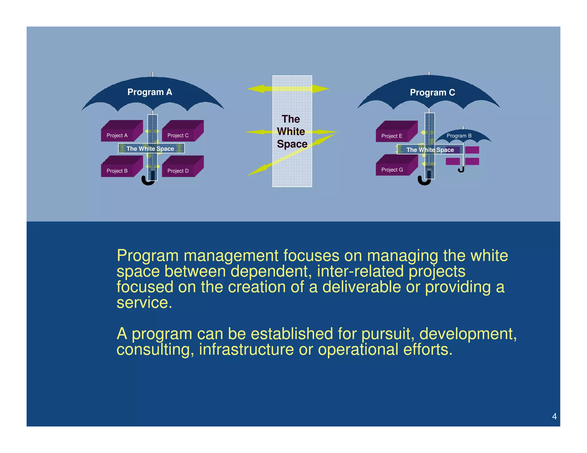 Program A                                     Program C


                                 The
Project A           Project C   White    Project E               Program B

        The White Space
                                Space                The White Space


Project B           Project D            Project G




    Program management focuses on managing the white
    space between dependent, inter-related projects
    focused on the creation of a deliverable or providing a
    service.
    A program can be established for pursuit, development,
    consulting, infrastructure or operational efforts.


                                                                             4
 