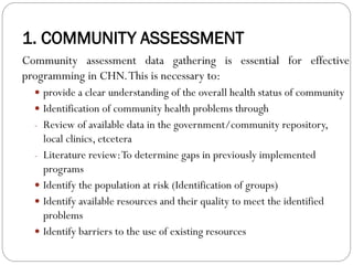 1. COMMUNITY ASSESSMENT
Community assessment data gathering is essential for effective
programming in CHN.This is necessary to:
 provide a clear understanding of the overall health status of community
 Identification of community health problems through
- Review of available data in the government/community repository,
local clinics, etcetera
- Literature review:To determine gaps in previously implemented
programs
 Identify the population at risk (Identification of groups)
 Identify available resources and their quality to meet the identified
problems
 Identify barriers to the use of existing resources
 