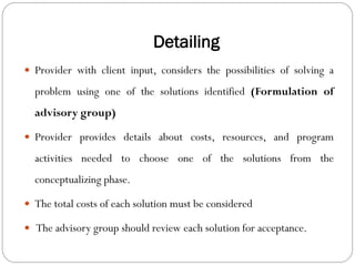 Detailing
 Provider with client input, considers the possibilities of solving a
problem using one of the solutions identified (Formulation of
advisory group)
 Provider provides details about costs, resources, and program
activities needed to choose one of the solutions from the
conceptualizing phase.
 The total costs of each solution must be considered
 The advisory group should review each solution for acceptance.
 