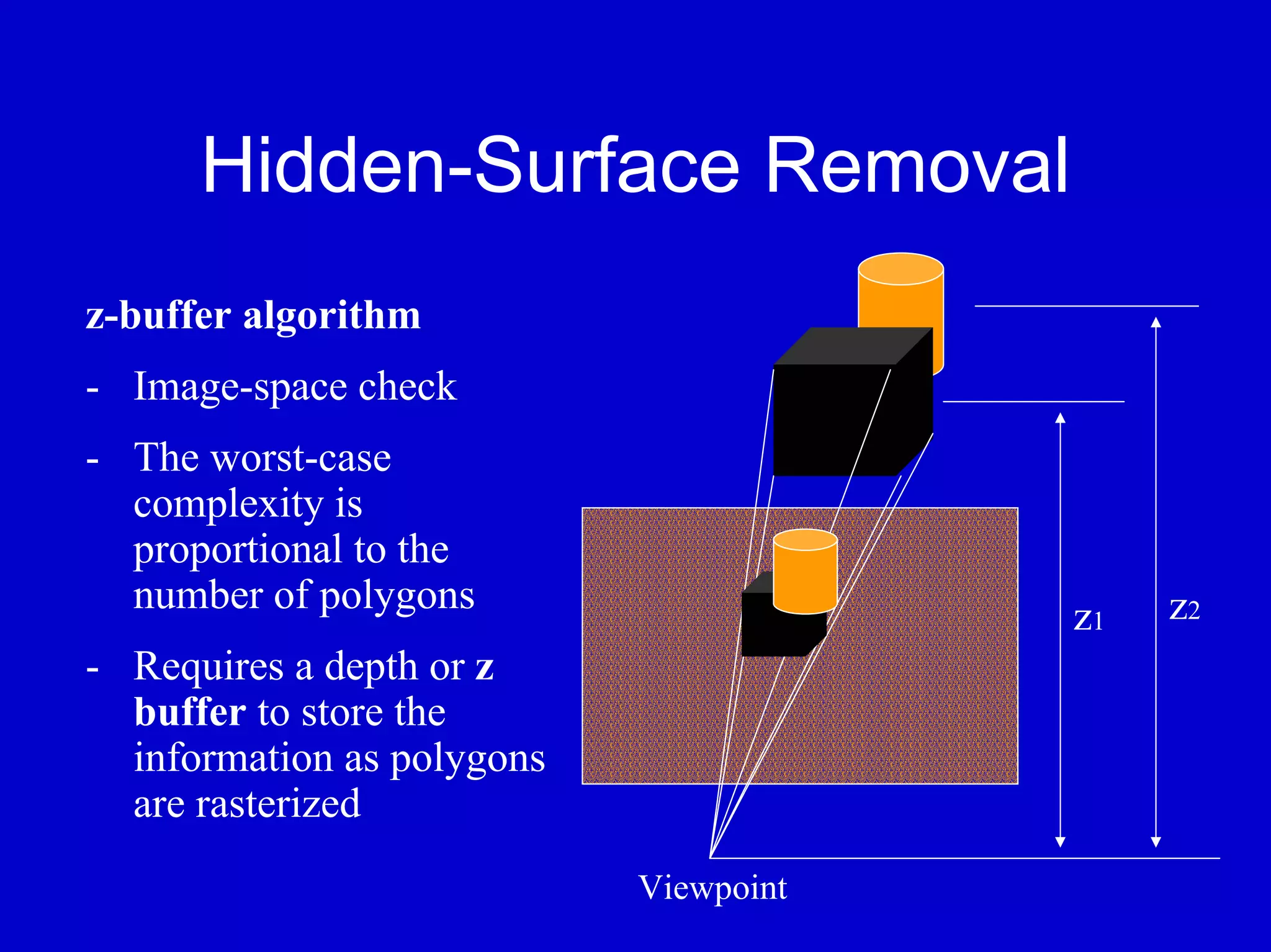 Hidden-Surface Removal
z-buffer algorithm
- Image-space check
- The worst-case
  complexity is
  proportional to the
  number of polygons                         z2
                                        z1
- Requires a depth or z
  buffer to store the
  information as polygons
  are rasterized
                            Viewpoint
 