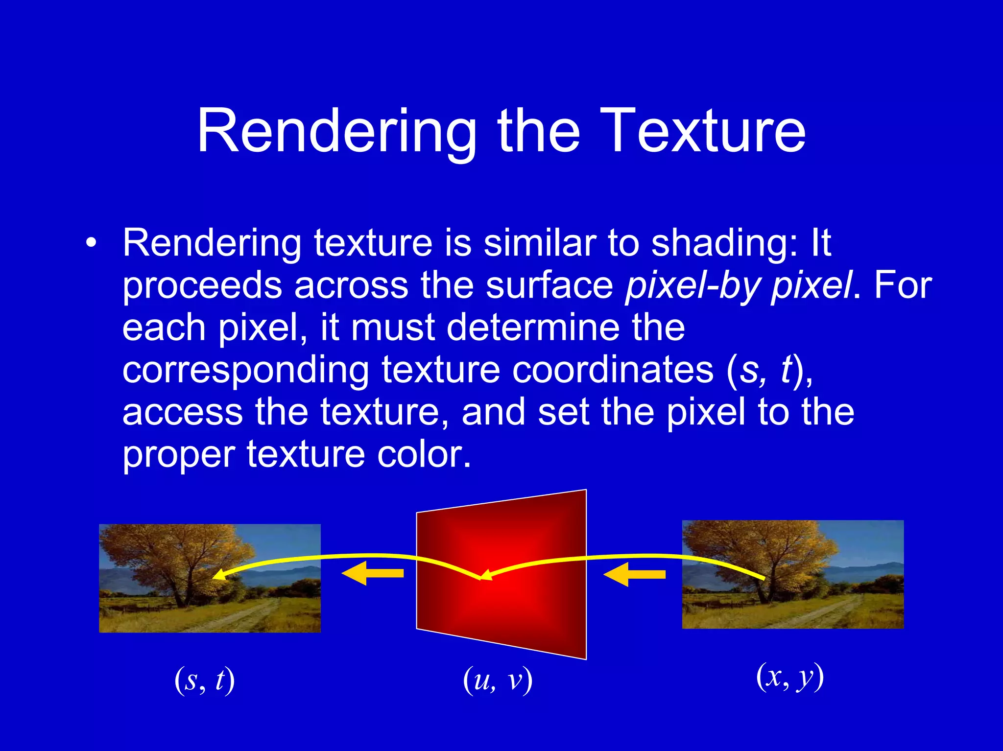 Rendering the Texture
• Rendering texture is similar to shading: It
  proceeds across the surface pixel-by pixel. For
  each pixel, it must determine the
  corresponding texture coordinates (s, t),
  access the texture, and set the pixel to the
  proper texture color.




     (s, t)          (u, v)           (x, y)
 