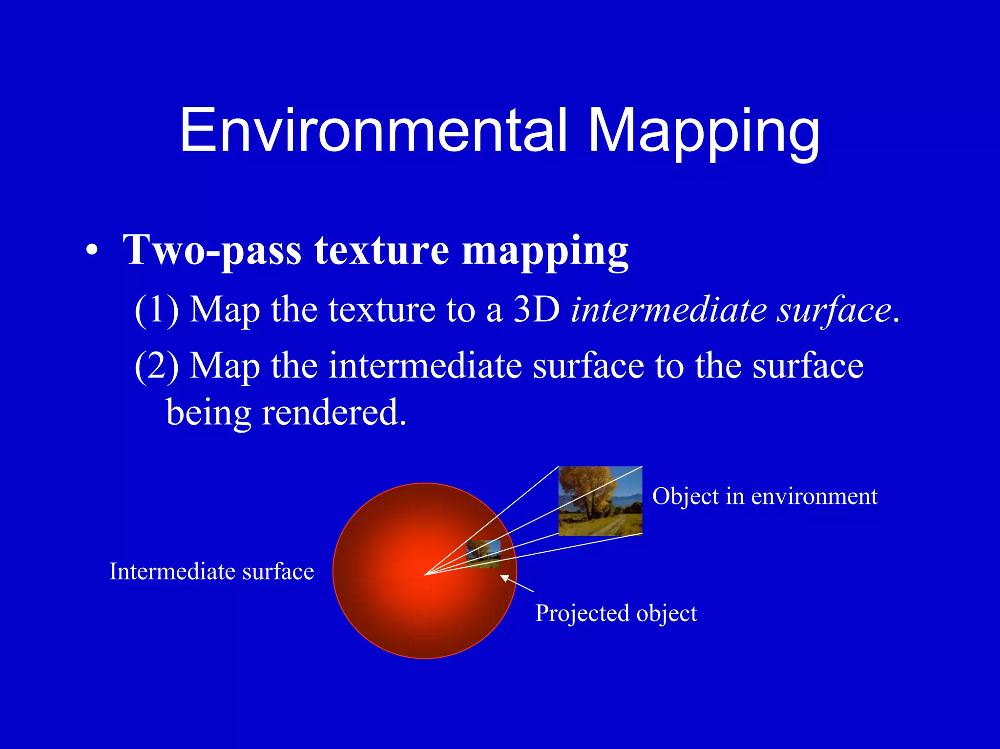 Environmental Mapping
• Two-pass texture mapping
   (1) Map the texture to a 3D intermediate surface.
   (2) Map the intermediate surface to the surface
     being rendered.

                                       Object in environment


 Intermediate surface
                            Projected object
 