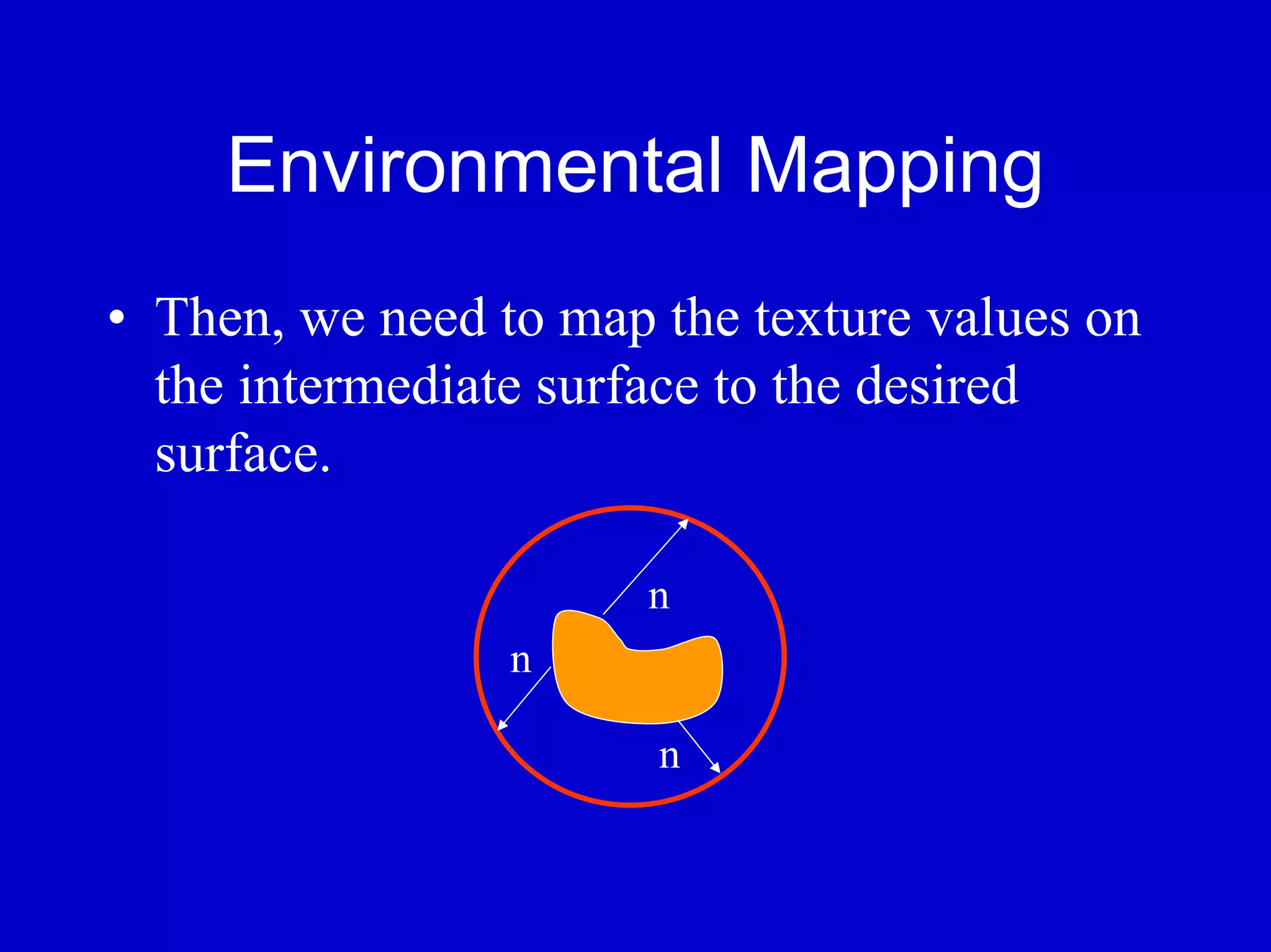 Environmental Mapping
• Then, we need to map the texture values on
  the intermediate surface to the desired
  surface.

                       n
                 n

                       n
 