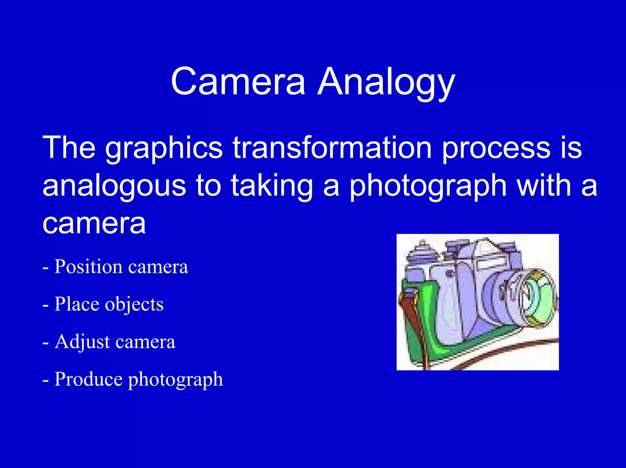 Camera Analogy
The graphics transformation process is
analogous to taking a photograph with a
camera
- Position camera
- Place objects
- Adjust camera
- Produce photograph
 