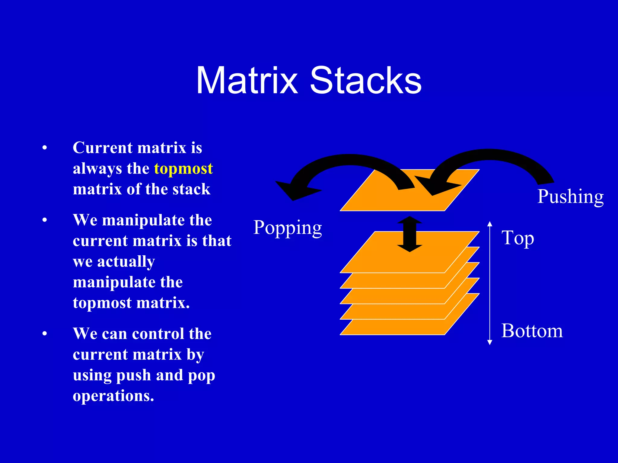 Matrix Stacks
•   Current matrix is
    always the topmost
    matrix of the stack                      Pushing
•   We manipulate the        Popping
    current matrix is that             Top
    we actually
    manipulate the
    topmost matrix.
•   We can control the                 Bottom
    current matrix by
    using push and pop
    operations.
 