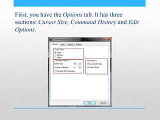 First, you have the Options tab. It has three
sections: Cursor Size, Command History and Edit
Options.
 