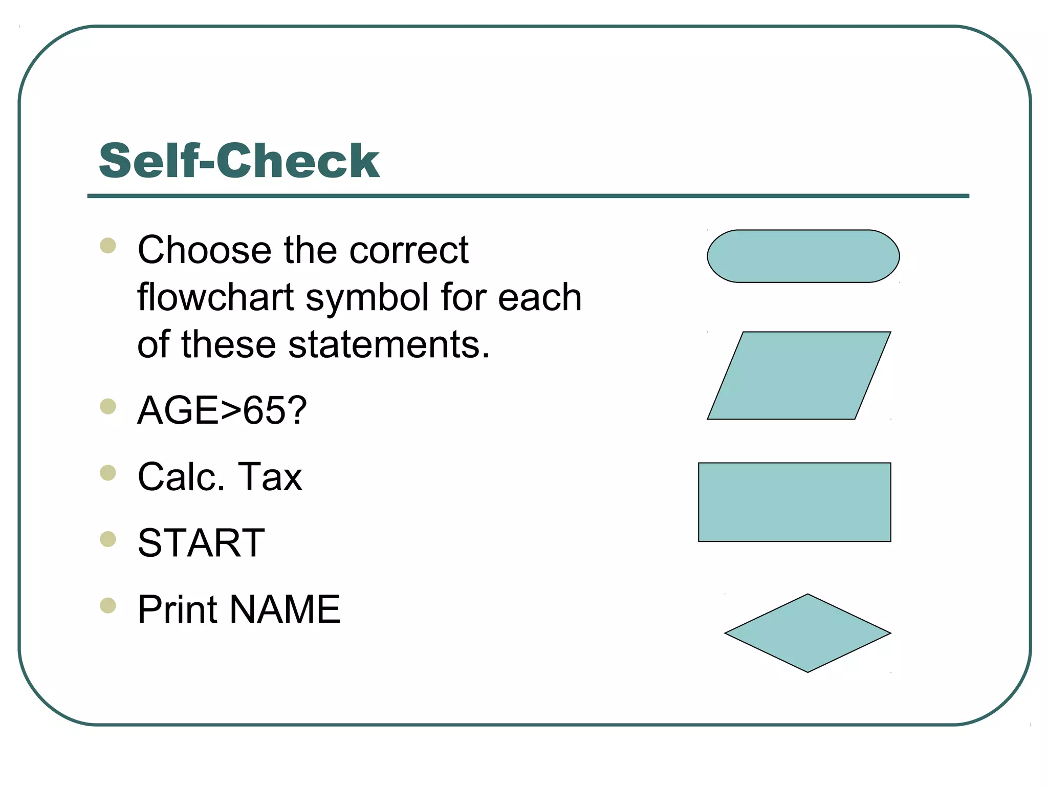 Self-Check
 Choose the correct
flowchart symbol for each
of these statements.
 AGE>65?
 Calc. Tax
 START
 Print NAME
 
