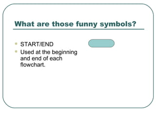 What are those funny symbols?
 START/END
 Used at the beginning
and end of each
flowchart.
 