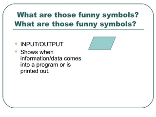 What are those funny symbols?
 INPUT/OUTPUT
 Shows when
information/data comes
into a program or is
printed out.
What are those funny symbols?
 