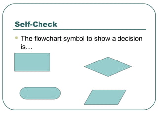 Self-Check
 The flowchart symbol to show a decision
is…
 