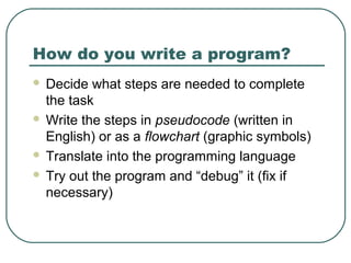 How do you write a program?
 Decide what steps are needed to complete
the task
 Write the steps in pseudocode (written in
English) or as a flowchart (graphic symbols)
 Translate into the programming language
 Try out the program and “debug” it (fix if
necessary)
 