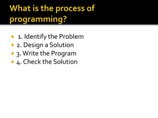  1. Identify the Problem
 2. Design a Solution
 3.Write the Program
 4. Check the Solution
 