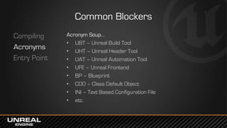 Common Blockers
Compiling
Acronyms
Entry Point
Acronym Soup…
• UBT – Unreal Build Tool
• UHT – Unreal Header Tool
• UAT – ...