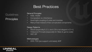 Best Practices
Guidelines
Principles
General Principles
• KISS, YAGNI
• Composition vs. inheritance
• Avoid tight coupling...
