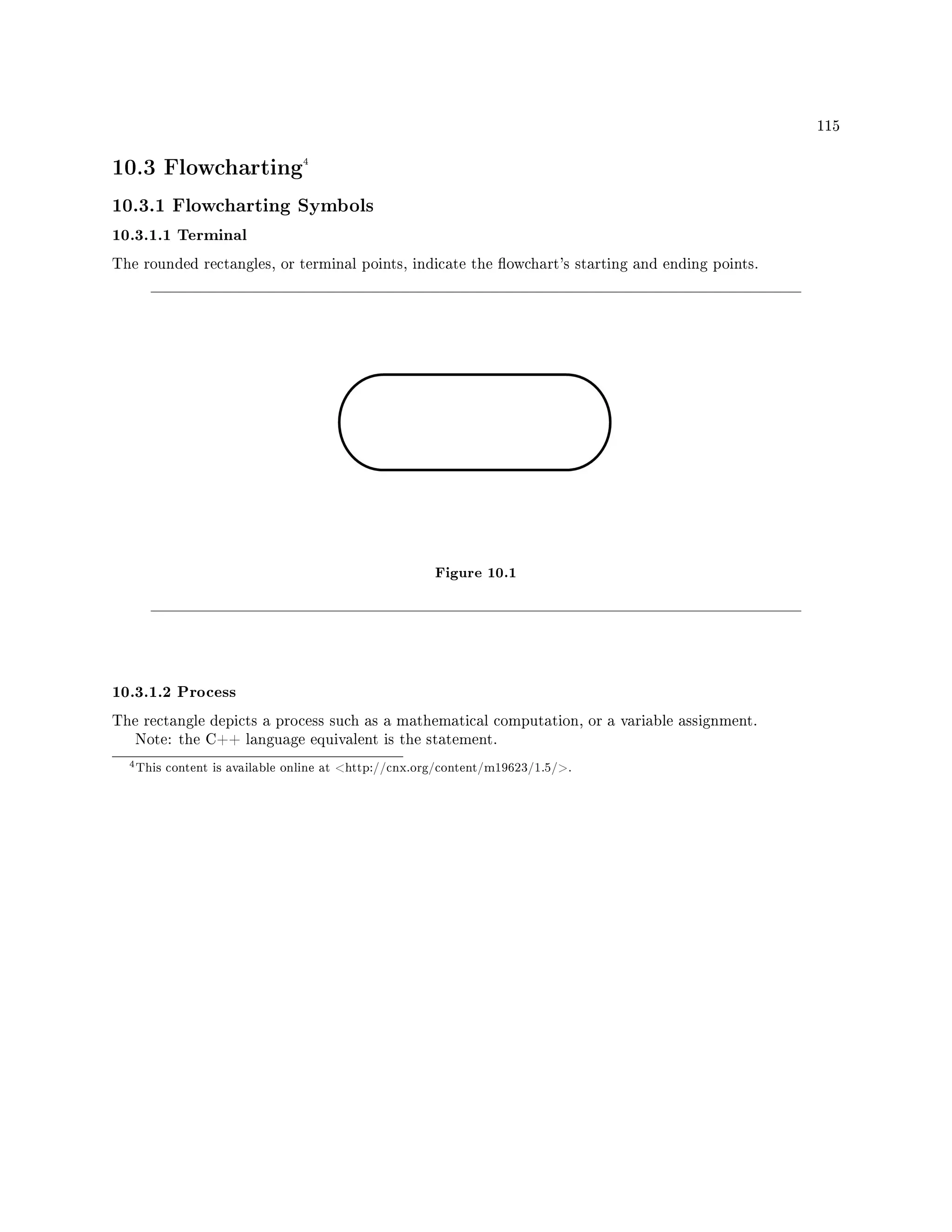 115
10.3 Flowcharting4
10.3.1 Flowcharting Symbols
10.3.1.1 Terminal
The rounded rectangles, or terminal points, indicate the owchart's starting and ending points.
Figure 10.1
10.3.1.2 Process
The rectangle depicts a process such as a mathematical computation, or a variable assignment.
Note: the C++ language equivalent is the statement.
4This content is available online at http://cnx.org/content/m19623/1.5/.
 