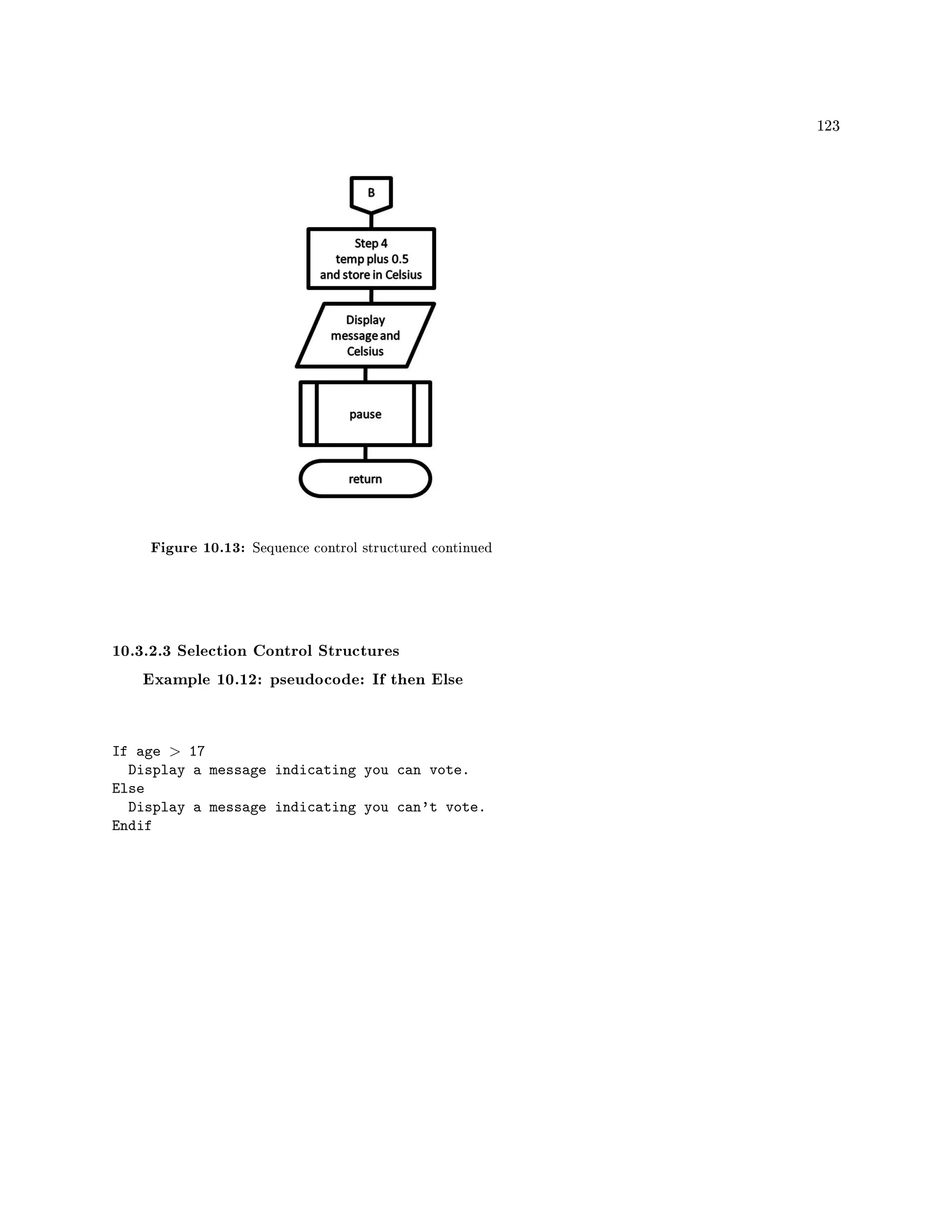 123
Figure 10.13: Sequence control structured continued
10.3.2.3 Selection Control Structures
Example 10.12: pseudocode: If then Else
If age  17
Display a message indicating you can vote.
Else
Display a message indicating you can't vote.
Endif
 