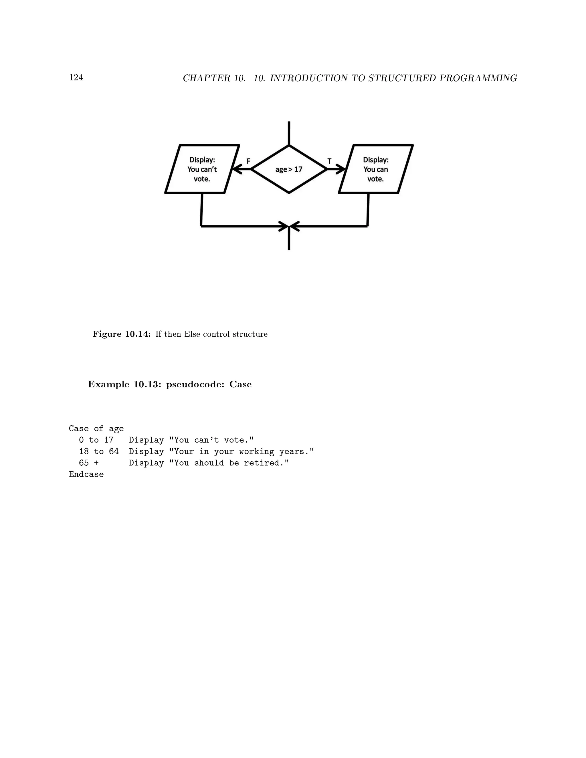 124 CHAPTER 10. 10. INTRODUCTION TO STRUCTURED PROGRAMMING
Figure 10.14: If then Else control structure
Example 10.13: pseudocode: Case
Case of age
0 to 17 Display You can't vote.
18 to 64 Display Your in your working years.
65 + Display You should be retired.
Endcase
 