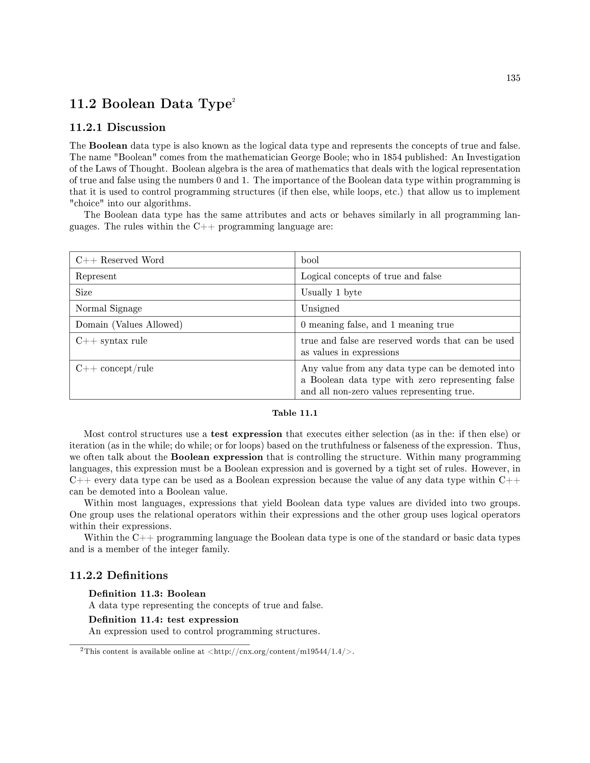 135
11.2 Boolean Data Type2
11.2.1 Discussion
The Boolean data type is also known as the logical data type and represents the concepts of true and false.
The name Boolean comes from the mathematician George Boole; who in 1854 published: An Investigation
of the Laws of Thought. Boolean algebra is the area of mathematics that deals with the logical representation
of true and false using the numbers 0 and 1. The importance of the Boolean data type within programming is
that it is used to control programming structures (if then else, while loops, etc.) that allow us to implement
choice into our algorithms.
The Boolean data type has the same attributes and acts or behaves similarly in all programming lan-
guages. The rules within the C++ programming language are:
C++ Reserved Word bool
Represent Logical concepts of true and false
Size Usually 1 byte
Normal Signage Unsigned
Domain (Values Allowed) 0 meaning false, and 1 meaning true
C++ syntax rule true and false are reserved words that can be used
as values in expressions
C++ concept/rule Any value from any data type can be demoted into
a Boolean data type with zero representing false
and all non-zero values representing true.
Table 11.1
Most control structures use a test expression that executes either selection (as in the: if then else) or
iteration (as in the while; do while; or for loops) based on the truthfulness or falseness of the expression. Thus,
we often talk about the Boolean expression that is controlling the structure. Within many programming
languages, this expression must be a Boolean expression and is governed by a tight set of rules. However, in
C++ every data type can be used as a Boolean expression because the value of any data type within C++
can be demoted into a Boolean value.
Within most languages, expressions that yield Boolean data type values are divided into two groups.
One group uses the relational operators within their expressions and the other group uses logical operators
within their expressions.
Within the C++ programming language the Boolean data type is one of the standard or basic data types
and is a member of the integer family.
11.2.2 Denitions
Denition 11.3: Boolean
A data type representing the concepts of true and false.
Denition 11.4: test expression
An expression used to control programming structures.
2This content is available online at http://cnx.org/content/m19544/1.4/.
 