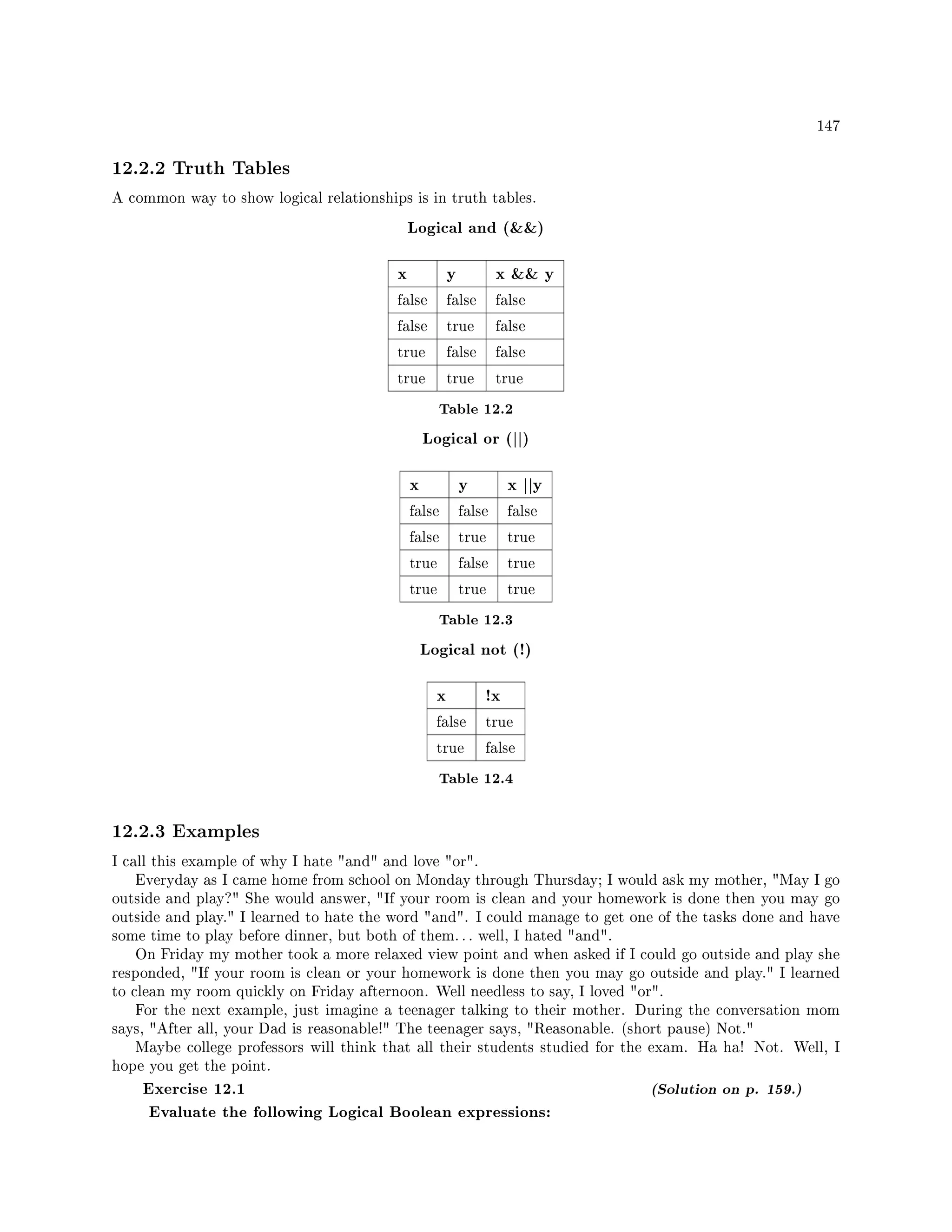 147
12.2.2 Truth Tables
A common way to show logical relationships is in truth tables.
Logical and ()
x y x  y
false false false
false true false
true false false
true true true
Table 12.2
Logical or (||)
x y x ||y
false false false
false true true
true false true
true true true
Table 12.3
Logical not (!)
x !x
false true
true false
Table 12.4
12.2.3 Examples
I call this example of why I hate and and love or.
Everyday as I came home from school on Monday through Thursday; I would ask my mother, May I go
outside and play? She would answer, If your room is clean and your homework is done then you may go
outside and play. I learned to hate the word and. I could manage to get one of the tasks done and have
some time to play before dinner, but both of them. . . well, I hated and.
On Friday my mother took a more relaxed view point and when asked if I could go outside and play she
responded, If your room is clean or your homework is done then you may go outside and play. I learned
to clean my room quickly on Friday afternoon. Well needless to say, I loved or.
For the next example, just imagine a teenager talking to their mother. During the conversation mom
says, After all, your Dad is reasonable! The teenager says, Reasonable. (short pause) Not.
Maybe college professors will think that all their students studied for the exam. Ha ha! Not. Well, I
hope you get the point.
Exercise 12.1 (Solution on p. 159.)
Evaluate the following Logical Boolean expressions:
 