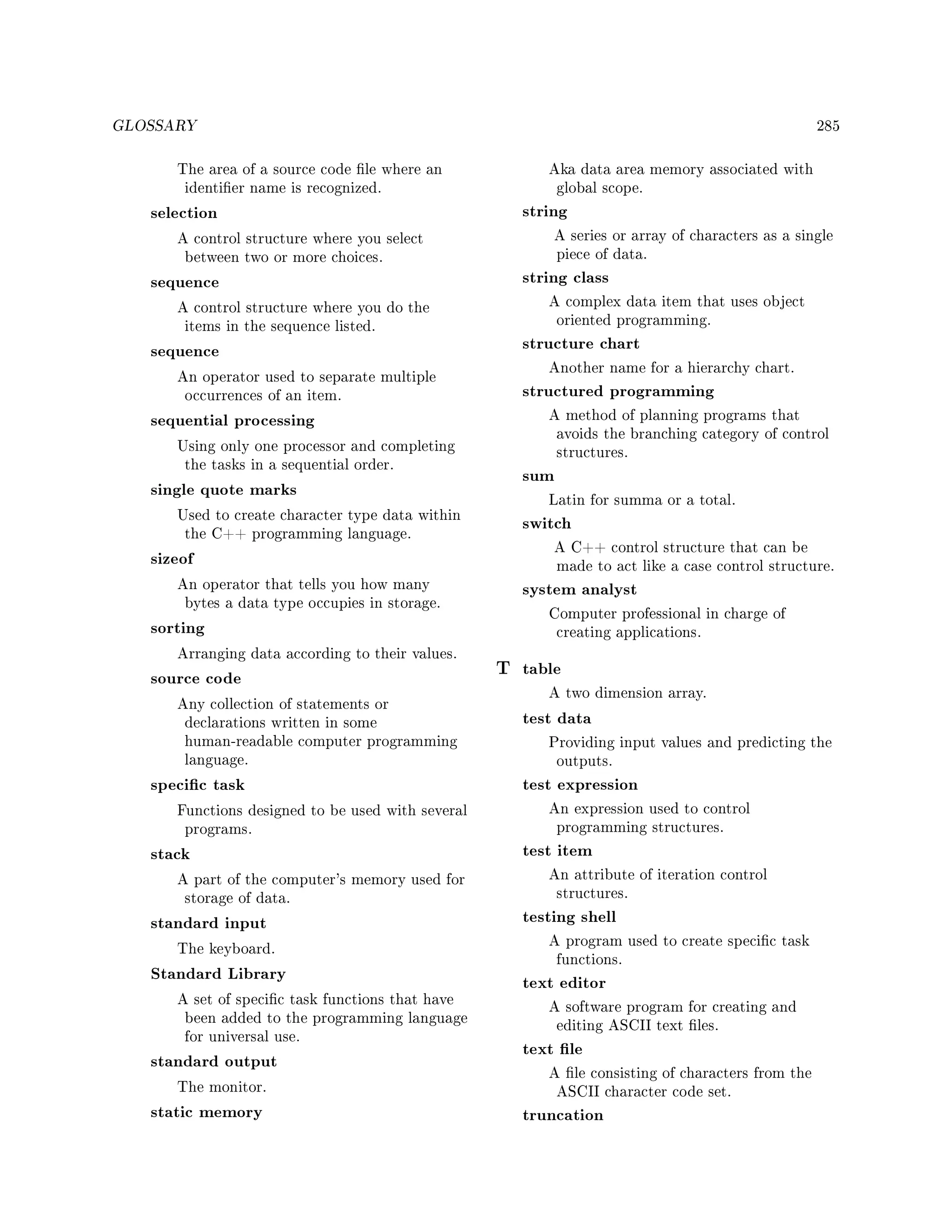 GLOSSARY 285
The area of a source code le where an
identier name is recognized.
selection
A control structure where you select
between two or more choices.
sequence
A control structure where you do the
items in the sequence listed.
sequence
An operator used to separate multiple
occurrences of an item.
sequential processing
Using only one processor and completing
the tasks in a sequential order.
single quote marks
Used to create character type data within
the C++ programming language.
sizeof
An operator that tells you how many
bytes a data type occupies in storage.
sorting
Arranging data according to their values.
source code
Any collection of statements or
declarations written in some
human-readable computer programming
language.
specic task
Functions designed to be used with several
programs.
stack
A part of the computer's memory used for
storage of data.
standard input
The keyboard.
Standard Library
A set of specic task functions that have
been added to the programming language
for universal use.
standard output
The monitor.
static memory
Aka data area memory associated with
global scope.
string
A series or array of characters as a single
piece of data.
string class
A complex data item that uses object
oriented programming.
structure chart
Another name for a hierarchy chart.
structured programming
A method of planning programs that
avoids the branching category of control
structures.
sum
Latin for summa or a total.
switch
A C++ control structure that can be
made to act like a case control structure.
system analyst
Computer professional in charge of
creating applications.
T table
A two dimension array.
test data
Providing input values and predicting the
outputs.
test expression
An expression used to control
programming structures.
test item
An attribute of iteration control
structures.
testing shell
A program used to create specic task
functions.
text editor
A software program for creating and
editing ASCII text les.
text le
A le consisting of characters from the
ASCII character code set.
truncation
 