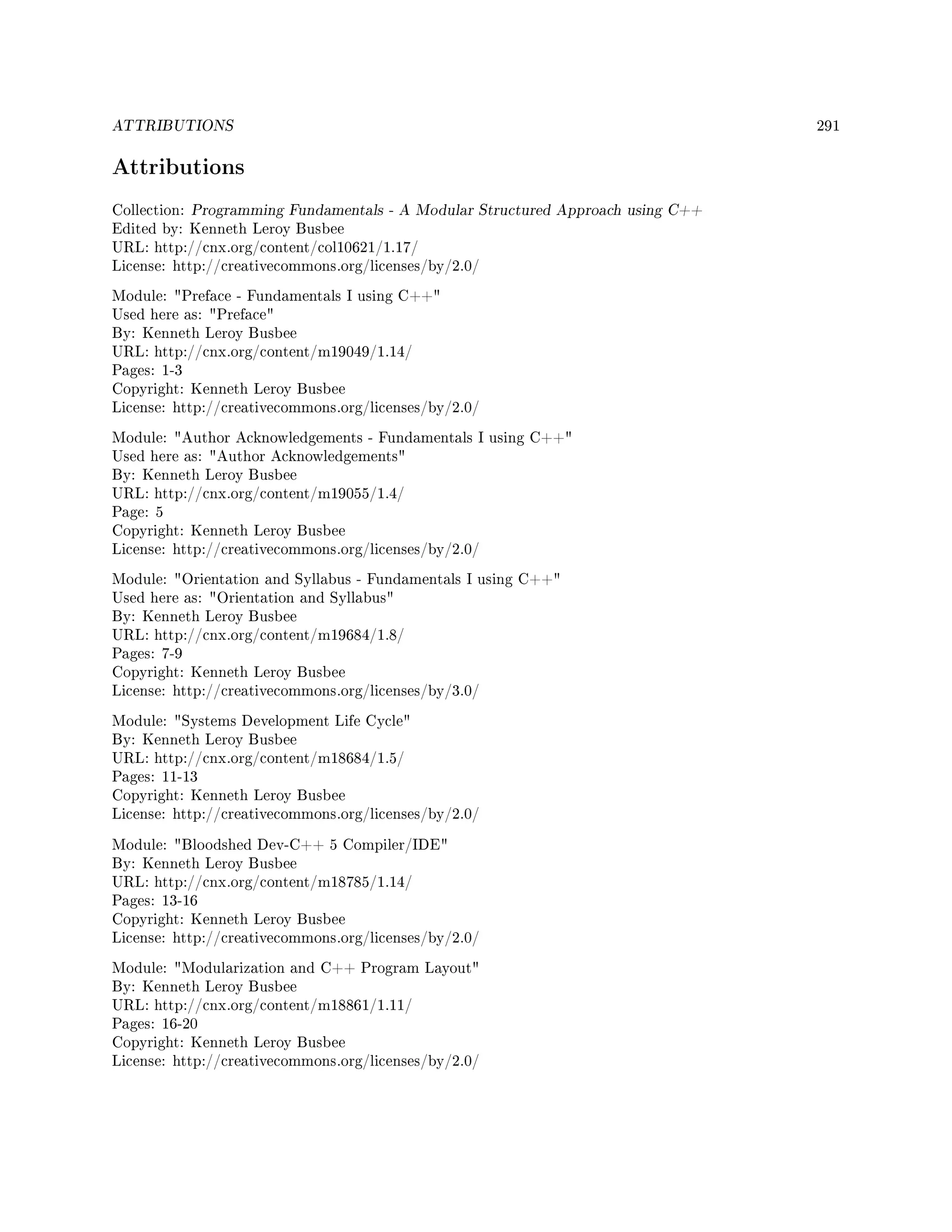 ATTRIBUTIONS 291
Attributions
Collection: Programming Fundamentals - A Modular Structured Approach using C++
Edited by: Kenneth Leroy Busbee
URL: http://cnx.org/content/col10621/1.17/
License: http://creativecommons.org/licenses/by/2.0/
Module: Preface - Fundamentals I using C++
Used here as: Preface
By: Kenneth Leroy Busbee
URL: http://cnx.org/content/m19049/1.14/
Pages: 1-3
Copyright: Kenneth Leroy Busbee
License: http://creativecommons.org/licenses/by/2.0/
Module: Author Acknowledgements - Fundamentals I using C++
Used here as: Author Acknowledgements
By: Kenneth Leroy Busbee
URL: http://cnx.org/content/m19055/1.4/
Page: 5
Copyright: Kenneth Leroy Busbee
License: http://creativecommons.org/licenses/by/2.0/
Module: Orientation and Syllabus - Fundamentals I using C++
Used here as: Orientation and Syllabus
By: Kenneth Leroy Busbee
URL: http://cnx.org/content/m19684/1.8/
Pages: 7-9
Copyright: Kenneth Leroy Busbee
License: http://creativecommons.org/licenses/by/3.0/
Module: Systems Development Life Cycle
By: Kenneth Leroy Busbee
URL: http://cnx.org/content/m18684/1.5/
Pages: 11-13
Copyright: Kenneth Leroy Busbee
License: http://creativecommons.org/licenses/by/2.0/
Module: Bloodshed Dev-C++ 5 Compiler/IDE
By: Kenneth Leroy Busbee
URL: http://cnx.org/content/m18785/1.14/
Pages: 13-16
Copyright: Kenneth Leroy Busbee
License: http://creativecommons.org/licenses/by/2.0/
Module: Modularization and C++ Program Layout
By: Kenneth Leroy Busbee
URL: http://cnx.org/content/m18861/1.11/
Pages: 16-20
Copyright: Kenneth Leroy Busbee
License: http://creativecommons.org/licenses/by/2.0/
 