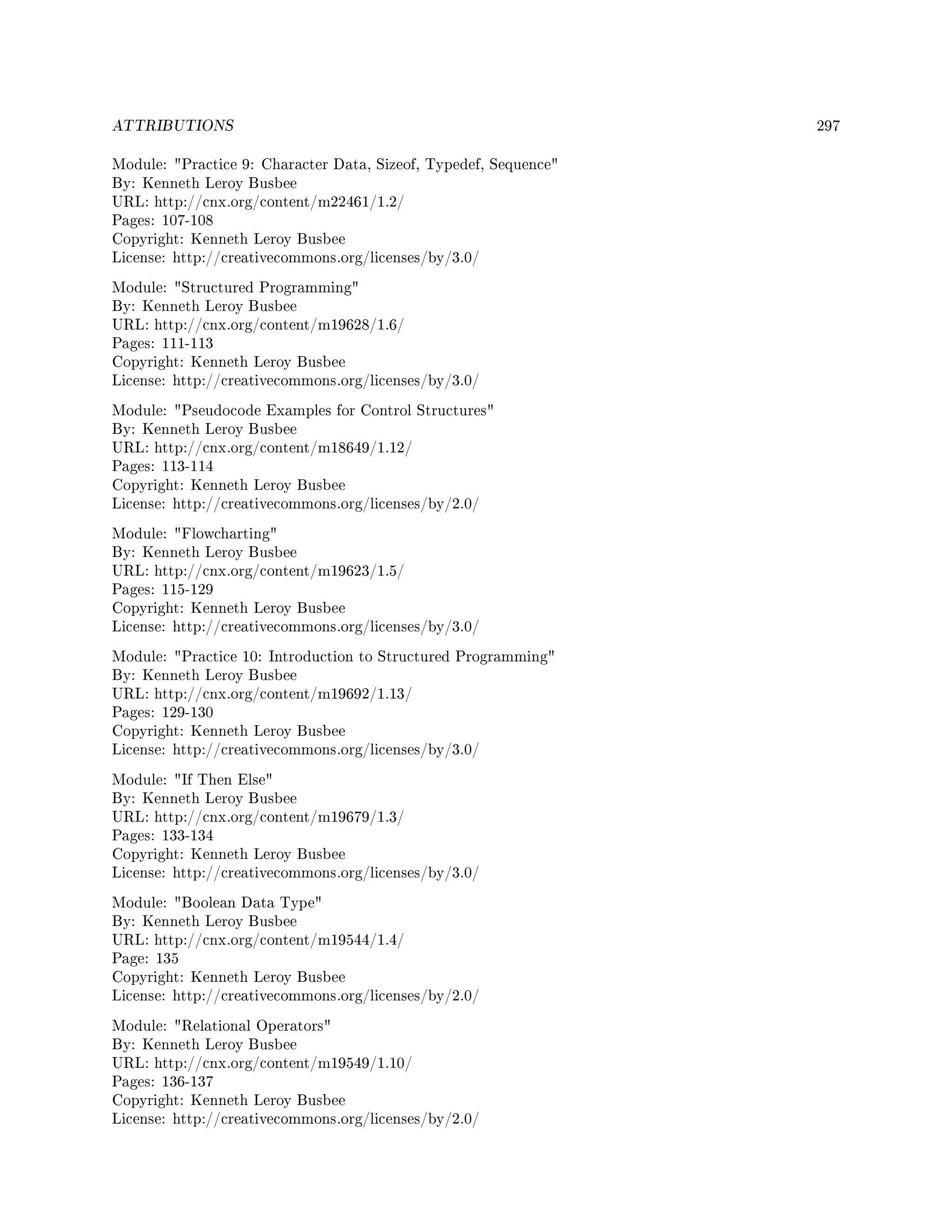 ATTRIBUTIONS 297
Module: Practice 9: Character Data, Sizeof, Typedef, Sequence
By: Kenneth Leroy Busbee
URL: http://cnx.org/content/m22461/1.2/
Pages: 107-108
Copyright: Kenneth Leroy Busbee
License: http://creativecommons.org/licenses/by/3.0/
Module: Structured Programming
By: Kenneth Leroy Busbee
URL: http://cnx.org/content/m19628/1.6/
Pages: 111-113
Copyright: Kenneth Leroy Busbee
License: http://creativecommons.org/licenses/by/3.0/
Module: Pseudocode Examples for Control Structures
By: Kenneth Leroy Busbee
URL: http://cnx.org/content/m18649/1.12/
Pages: 113-114
Copyright: Kenneth Leroy Busbee
License: http://creativecommons.org/licenses/by/2.0/
Module: Flowcharting
By: Kenneth Leroy Busbee
URL: http://cnx.org/content/m19623/1.5/
Pages: 115-129
Copyright: Kenneth Leroy Busbee
License: http://creativecommons.org/licenses/by/3.0/
Module: Practice 10: Introduction to Structured Programming
By: Kenneth Leroy Busbee
URL: http://cnx.org/content/m19692/1.13/
Pages: 129-130
Copyright: Kenneth Leroy Busbee
License: http://creativecommons.org/licenses/by/3.0/
Module: If Then Else
By: Kenneth Leroy Busbee
URL: http://cnx.org/content/m19679/1.3/
Pages: 133-134
Copyright: Kenneth Leroy Busbee
License: http://creativecommons.org/licenses/by/3.0/
Module: Boolean Data Type
By: Kenneth Leroy Busbee
URL: http://cnx.org/content/m19544/1.4/
Page: 135
Copyright: Kenneth Leroy Busbee
License: http://creativecommons.org/licenses/by/2.0/
Module: Relational Operators
By: Kenneth Leroy Busbee
URL: http://cnx.org/content/m19549/1.10/
Pages: 136-137
Copyright: Kenneth Leroy Busbee
License: http://creativecommons.org/licenses/by/2.0/
 