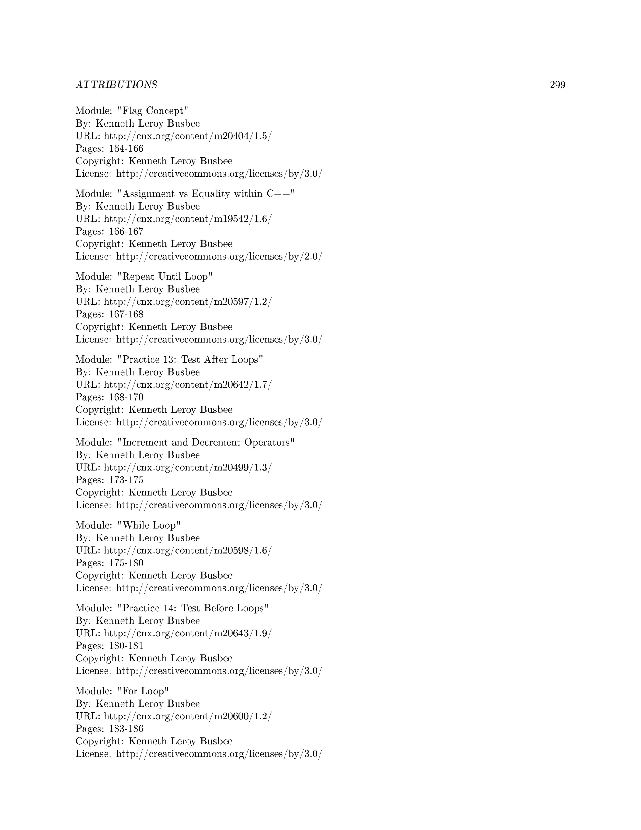 ATTRIBUTIONS 299
Module: Flag Concept
By: Kenneth Leroy Busbee
URL: http://cnx.org/content/m20404/1.5/
Pages: 164-166
Copyright: Kenneth Leroy Busbee
License: http://creativecommons.org/licenses/by/3.0/
Module: Assignment vs Equality within C++
By: Kenneth Leroy Busbee
URL: http://cnx.org/content/m19542/1.6/
Pages: 166-167
Copyright: Kenneth Leroy Busbee
License: http://creativecommons.org/licenses/by/2.0/
Module: Repeat Until Loop
By: Kenneth Leroy Busbee
URL: http://cnx.org/content/m20597/1.2/
Pages: 167-168
Copyright: Kenneth Leroy Busbee
License: http://creativecommons.org/licenses/by/3.0/
Module: Practice 13: Test After Loops
By: Kenneth Leroy Busbee
URL: http://cnx.org/content/m20642/1.7/
Pages: 168-170
Copyright: Kenneth Leroy Busbee
License: http://creativecommons.org/licenses/by/3.0/
Module: Increment and Decrement Operators
By: Kenneth Leroy Busbee
URL: http://cnx.org/content/m20499/1.3/
Pages: 173-175
Copyright: Kenneth Leroy Busbee
License: http://creativecommons.org/licenses/by/3.0/
Module: While Loop
By: Kenneth Leroy Busbee
URL: http://cnx.org/content/m20598/1.6/
Pages: 175-180
Copyright: Kenneth Leroy Busbee
License: http://creativecommons.org/licenses/by/3.0/
Module: Practice 14: Test Before Loops
By: Kenneth Leroy Busbee
URL: http://cnx.org/content/m20643/1.9/
Pages: 180-181
Copyright: Kenneth Leroy Busbee
License: http://creativecommons.org/licenses/by/3.0/
Module: For Loop
By: Kenneth Leroy Busbee
URL: http://cnx.org/content/m20600/1.2/
Pages: 183-186
Copyright: Kenneth Leroy Busbee
License: http://creativecommons.org/licenses/by/3.0/
 