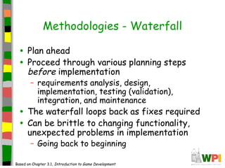 Methodologies - Waterfall
• Plan ahead
• Proceed through various planning steps
before implementation
– requirements analysis, design,
implementation, testing (validation),
integration, and maintenance
• The waterfall loops back as fixes required
• Can be brittle to changing functionality,
unexpected problems in implementation
– Going back to beginning
Based on Chapter 3.1, Introduction to Game Development
 