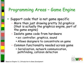 Programming Areas – Game Engine
• Support code that is not game specific
– More than just drawing pretty 3d graphics
(that is actually the graphics engine, part of
the game engine)
– Isolate game code from hardware
•ex: controller, graphics, sound
•Allows designers to concentrate on game
– Common functionality needed across game
•Serialization, network communication,
pathfinding, collision detection
Based on Chapter 3.1, Introduction to Game Development
 
