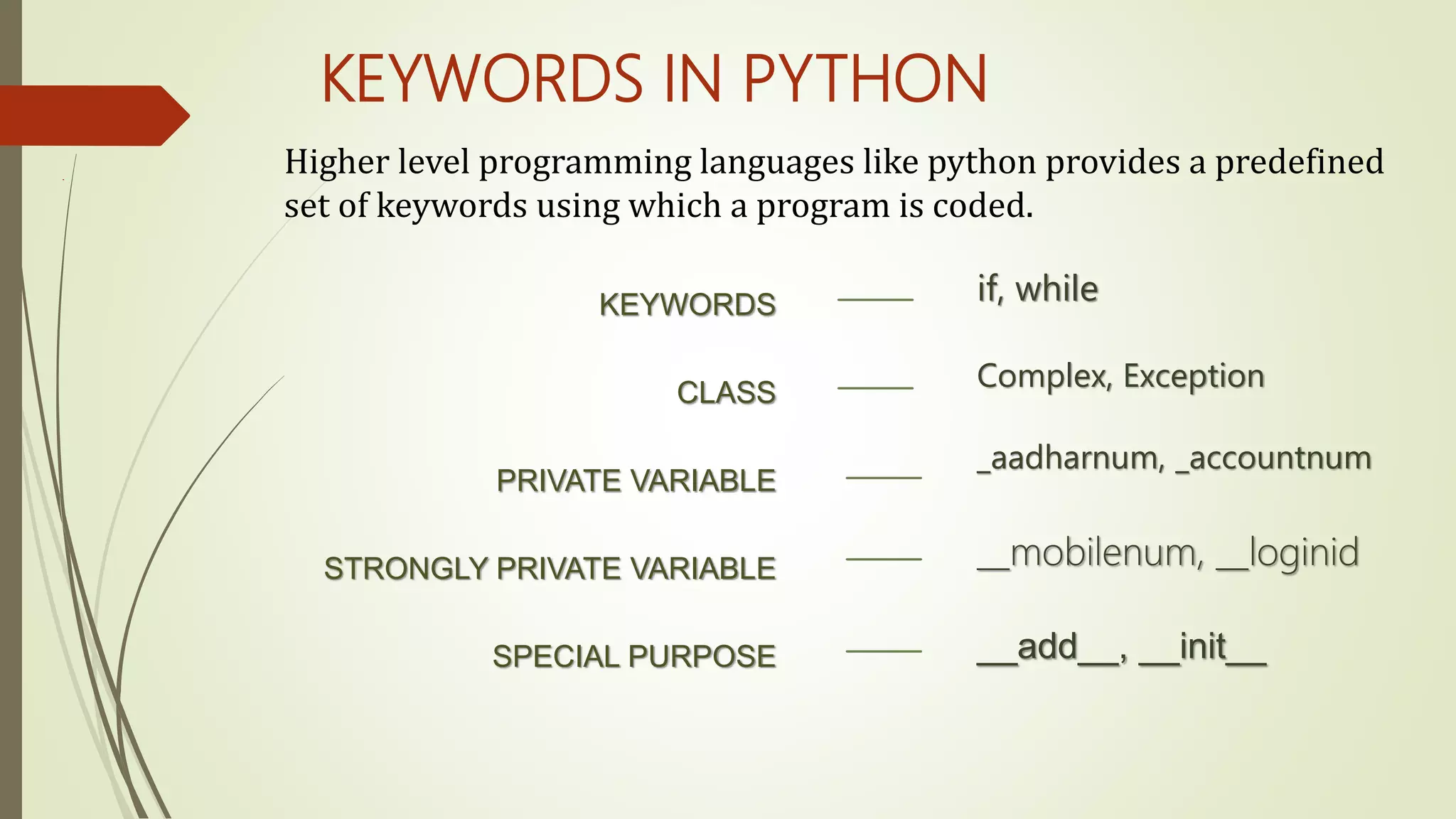 KEYWORDS IN PYTHON
KEYWORDS
CLASS
PRIVATE VARIABLE
STRONGLY PRIVATE VARIABLE
SPECIAL PURPOSE
if, while
Complex, Exception
_aadharnum, _accountnum
__mobilenum, __loginid
__add__, __init__
Higher level programming languages like python provides a predefined
set of keywords using which a program is coded.
 