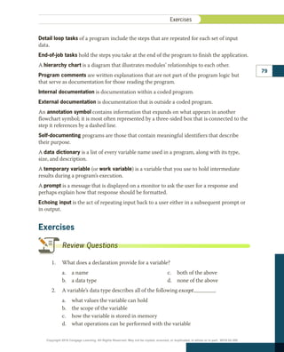 Exercises
79
Detail loop tasks of a program include the steps that are repeated for each set of input
data.
End-of-job tasks hold the steps you take at the end of the program to finish the application.
A hierarchy chart is a diagram that illustrates modules’ relationships to each other.
Program comments are written explanations that are not part of the program logic but
that serve as documentation for those reading the program.
Internal documentation is documentation within a coded program.
External documentation is documentation that is outside a coded program.
An annotation symbol contains information that expands on what appears in another
flowchart symbol; it is most often represented by a three-sided box that is connected to the
step it references by a dashed line.
Self-documenting programs are those that contain meaningful identifiers that describe
their purpose.
A data dictionary is a list of every variable name used in a program, along with its type,
size, and description.
A temporary variable (or work variable) is a variable that you use to hold intermediate
results during a program’s execution.
A prompt is a message that is displayed on a monitor to ask the user for a response and
perhaps explain how that response should be formatted.
Echoing input is the act of repeating input back to a user either in a subsequent prompt or
in output.
Exercises
1.	 What does a declaration provide for a variable?
a.	 a name
b.	 a data type
c.	 both of the above
d.	 none of the above
2.	 A variable’s data type describes all of the following except .
a.	 what values the variable can hold
b.	 the scope of the variable
c.	 how the variable is stored in memory
d.	 what operations can be performed with the variable
Review Questions
Copyright 2018 Cengage Learning. All Rights Reserved. May not be copied, scanned, or duplicated, in whole or in part. WCN 02-300
 