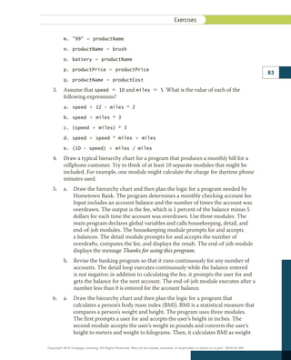 Exercises
83
	 m.	99 5 productName
	 n.	productName 5 brush
	 o.	battery 5 productName
	 p.	productPrice 5 productPrice
	 q.	productName 5 productCost
3.	 Assume that speed 5 10 and miles 5 5. What is the value of each of the
following expressions?
	 a.	speed 1 12 - miles * 2
	 b.	speed 1 miles * 3
	 c.	(speed 1 miles) * 3
	 d.	speed 1 speed * miles 1 miles
	 e.	
(10 - speed) 1 miles / miles
4.	 Draw a typical hierarchy chart for a program that produces a monthly bill for a
cellphone customer. Try to think of at least 10 separate modules that might be
included. For example, one module might calculate the charge for daytime phone
minutes used.
5.	 a. 
Draw the hierarchy chart and then plan the logic for a program needed by
Hometown Bank. The program determines a monthly checking account fee.
Input includes an account balance and the number of times the account was
overdrawn. The output is the fee, which is 1 percent of the balance minus 5
dollars for each time the account was overdrawn. Use three modules. The
main program declares global variables and calls housekeeping, detail, and
end-of-job modules. The housekeeping module prompts for and accepts
a balances. The detail module prompts for and accepts the number of
overdrafts, computes the fee, and displays the result. The end-of-job module
displays the message Thanks for using this program.
	 b. 
Revise the banking program so that it runs continuously for any number of
accounts. The detail loop executes continuously while the balance entered
is not negative; in addition to calculating the fee, it prompts the user for and
gets the balance for the next account. The end-of-job module executes after a
number less than 0 is entered for the account balance.
6.	 a. 
Draw the hierarchy chart and then plan the logic for a program that
calculates a person’s body mass index (BMI). BMI is a statistical measure that
compares a person’s weight and height. The program uses three modules.
The first prompts a user for and accepts the user’s height in inches. The
second module accepts the user’s weight in pounds and converts the user’s
height to meters and weight to kilograms. Then, it calculates BMI as weight
Copyright 2018 Cengage Learning. All Rights Reserved. May not be copied, scanned, or duplicated, in whole or in part. WCN 02-300
 