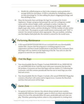 Exercises
85
	 c. 
Modify the softball program so that it also computes a gross production
average (GPA) for each player. A GPA is calculated by multiplying a player’s
on-base percentage by 1.8, then adding the player’s slugging percentage, and
then dividing by four.
10.	 Draw the hierarchy chart and design the logic for a program for Arnie’s
Appliances. Design a program that prompts the user for a refrigerator model
name and the interior height, width, and depth in inches. Calculate the
refrigerator capacity in cubic feet by first multiplying the height, width, and
depth to get cubic inches, and then dividing by 1728 (the number of cubic inches
in a cubic foot). The program accepts model names continuously until “XXX” is
entered. Use named constants where appropriate. Also use modules, including
one that displays End of job after the sentinel is entered for the model name.
1.	 A file named MAINTENANCE02-01.txt is included with your downloadable
student files. Assume that this program is a working program in your
organization and that it needs modifications as described in the comments (lines
that begin with two slashes) at the beginning of the file. Your job is to alter the
program to meet the new specifications.
1.	 Your downloadable files for Chapter 2 include DEBUG02-01.txt, DEBUG02-02.
txt, and DEBUG02-03.txt. Each file starts with some comments that describe
the problem. Comments are lines that begin with two slashes (//). Following the
comments, each file contains pseudocode that has one or more bugs you must
find and correct.
2.	 Your downloadable files for Chapter 2 include a file named DEBUG02-04.jpg that
contains a flowchart with syntax and/or logical errors. Examine the flowchart,
and then find and correct all the bugs.
1.	 For games to hold your interest, they almost always include some random,
unpredictable behavior. For example, a game in which you shoot asteroids loses
some of its fun if the asteroids follow the same, predictable path each time you
play. Therefore, generating random values is a key component in creating most
Performing Maintenance
Find the Bugs
Game Zone
Copyright 2018 Cengage Learning. All Rights Reserved. May not be copied, scanned, or duplicated, in whole or in part. WCN 02-300
 