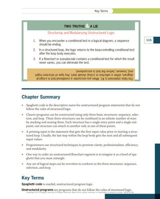 Chapter Summary
•
• Spaghetti code is the descriptive name for unstructured program statements that do not
follow the rules of structured logic.
•
• Clearer programs can be constructed using only three basic structures: sequence, selec-
tion, and loop. These three structures can be combined in an infinite number of ways
by stacking and nesting them. Each structure has a single entry point and a single exit
point; one structure can attach to another only at one of these points.
•
• A priming input is the statement that gets the first input value prior to starting a struc-
tured loop. Usually, the last step within the loop body gets the next and all subsequent
input values.
•
• Programmers use structured techniques to promote clarity, professionalism, efficiency,
and modularity.
•
• One way to order an unstructured flowchart segment is to imagine it as a bowl of spa-
ghetti that you must untangle.
•
• Any set of logical steps can be rewritten to conform to the three structures: sequence,
selection, and loop.
Key Terms
Spaghetti code is snarled, unstructured program logic.
Unstructured programs are programs that do not follow the rules of structured logic.
The
false
statement
is
#1.
When
you
encounter
a
conditional
test
in
a
logical
diagram,
either
a
selection
or
a
loop
should
start.
Any
type
of
structure
might
end,
however,
before
the
test
is
encountered.
TWO TRUTHS  A LIE
Structuring and Modularizing Unstructured Logic
1.	 When you encounter a conditional test in a logical diagram, a sequence
should be ending.
2.	 In a structured loop, the logic returns to the loop-controlling conditional test
after the loop body executes.
3.	 If a flowchart or pseudocode contains a conditional test for which the result
never varies, you can eliminate the test.
115
Key Terms
Copyright 2018 Cengage Learning. All Rights Reserved. May not be copied, scanned, or duplicated, in whole or in part. WCN 02-300
 