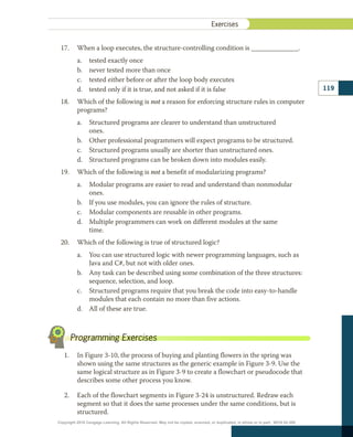 17.	 When a loop executes, the structure-controlling condition is ______________.
a.	 tested exactly once
b.	 never tested more than once
c.	 tested either before or after the loop body executes
d.	 tested only if it is true, and not asked if it is false
18.	 Which of the following is not a reason for enforcing structure rules in computer
programs?
a.	 Structured programs are clearer to understand than unstructured
ones.
b.	 Other professional programmers will expect programs to be structured.
c.	 Structured programs usually are shorter than unstructured ones.
d.	 Structured programs can be broken down into modules easily.
19.	 Which of the following is not a benefit of modularizing programs?
a.	 Modular programs are easier to read and understand than nonmodular
ones.
b.	 If you use modules, you can ignore the rules of structure.
c.	 Modular components are reusable in other programs.
d.	 Multiple programmers can work on different modules at the same
time.
20.	 Which of the following is true of structured logic?
a.	 You can use structured logic with newer programming languages, such as
Java and C#, but not with older ones.
b.	 Any task can be described using some combination of the three structures:
sequence, selection, and loop.
c.	 Structured programs require that you break the code into easy-to-handle
modules that each contain no more than five actions.
d.	 All of these are true.
1.	 In Figure 3-10, the process of buying and planting flowers in the spring was
shown using the same structures as the generic example in Figure 3-9. Use the
same logical structure as in Figure 3-9 to create a flowchart or pseudocode that
describes some other process you know.
2.	 Each of the flowchart segments in Figure 3-24 is unstructured. Redraw each
segment so that it does the same processes under the same conditions, but is
structured.
Programming Exercises
119
﻿
Exercises
Copyright 2018 Cengage Learning. All Rights Reserved. May not be copied, scanned, or duplicated, in whole or in part. WCN 02-300
 