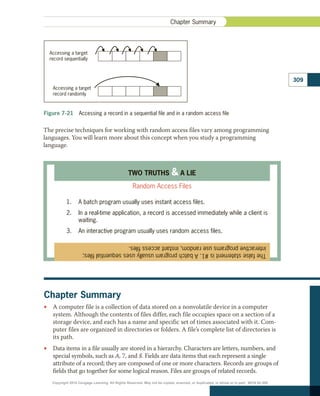 The precise techniques for working with random access files vary among programming
languages. You will learn more about this concept when you study a programming
language.
Chapter Summary
•
• A computer file is a collection of data stored on a nonvolatile device in a computer
system. Although the contents of files differ, each file occupies space on a section of a
storage device, and each has a name and specific set of times associated with it. Com-
puter files are organized in directories or folders. A file’s complete list of directories is
its path.
•
• Data items in a file usually are stored in a hierarchy. Characters are letters, numbers, and
special symbols, such as A, 7, and $. Fields are data items that each represent a single
attribute of a record; they are composed of one or more characters. Records are groups of
fields that go together for some logical reason. Files are groups of related records.
309
﻿
Chapter Summary
Figure 7-21  Accessing a record in a sequential file and in a random access file
Accessing a target
record sequentially
Accessing a target
record randomly
The
false
statement
is
#1.
A
batch
program
usually
uses
sequential
files;
interactive
programs
use
random,
instant
access
files.
TWO TRUTHS  A LIE
Random Access Files
1.	 A batch program usually uses instant access files.
2.	 In a real-time application, a record is accessed immediately while a client is
waiting.
3.	 An interactive program usually uses random access files.
Copyright 2018 Cengage Learning. All Rights Reserved. May not be copied, scanned, or duplicated, in whole or in part. WCN 02-300
 